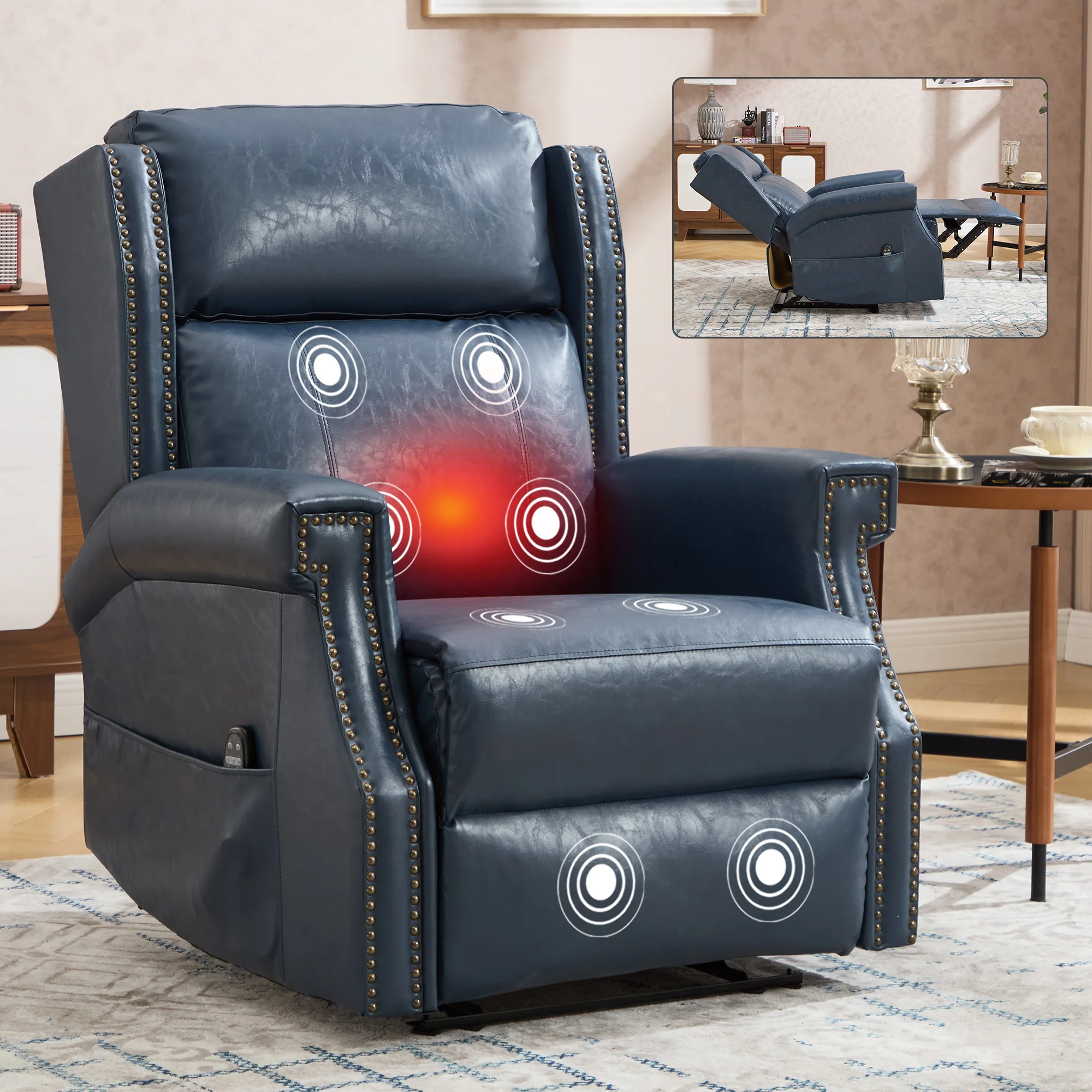 Blue Manual Recliner Chair in Faux Leather for Living Room with Heavy Duty Motion Mechanism, 8 vibrating nodes and 3 massage modes. - Image 8