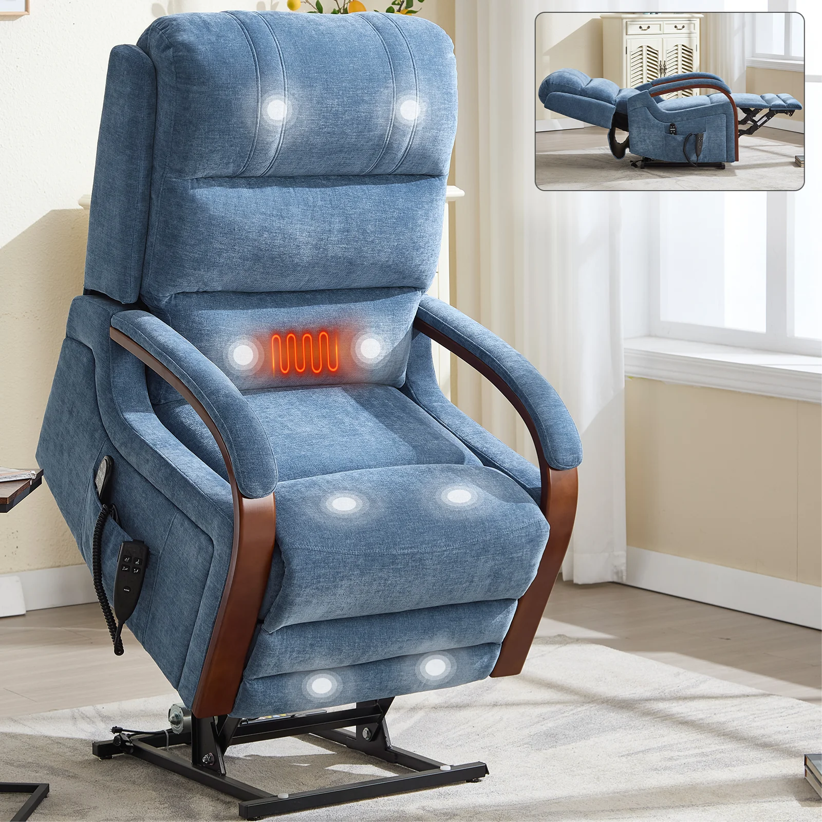 Power Blue Chenille Lift Recliner Chair Dual Motor Infinite Position Up to 350 LBS with Solid Wood Armrests, Heat Massage and Heavy Duty Motion Mechanism - Image 11