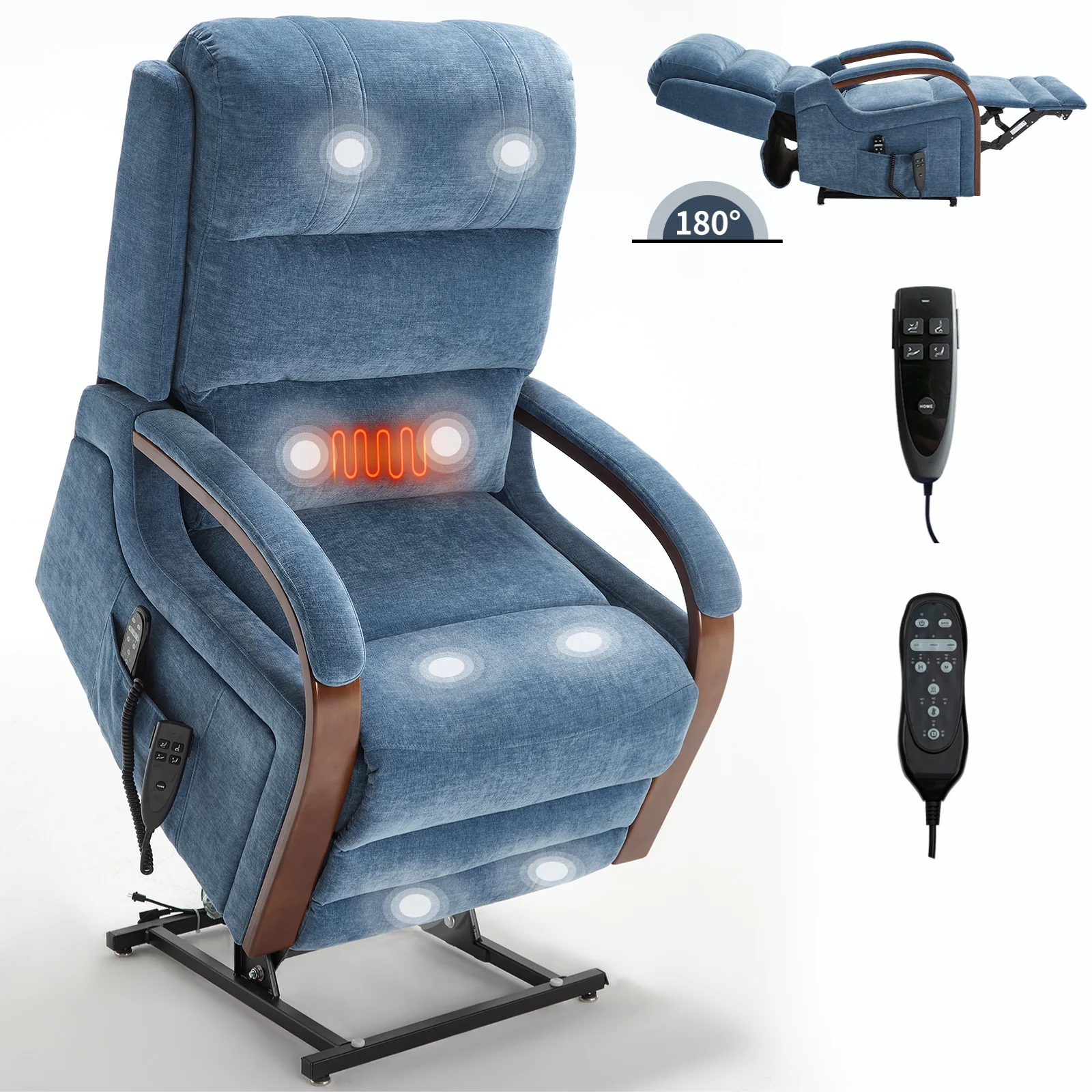 Power Blue Chenille Lift Recliner Chair Dual Motor Infinite Position Up to 350 LBS with Solid Wood Armrests, Heat Massage and Heavy Duty Motion Mechanism - Image 12