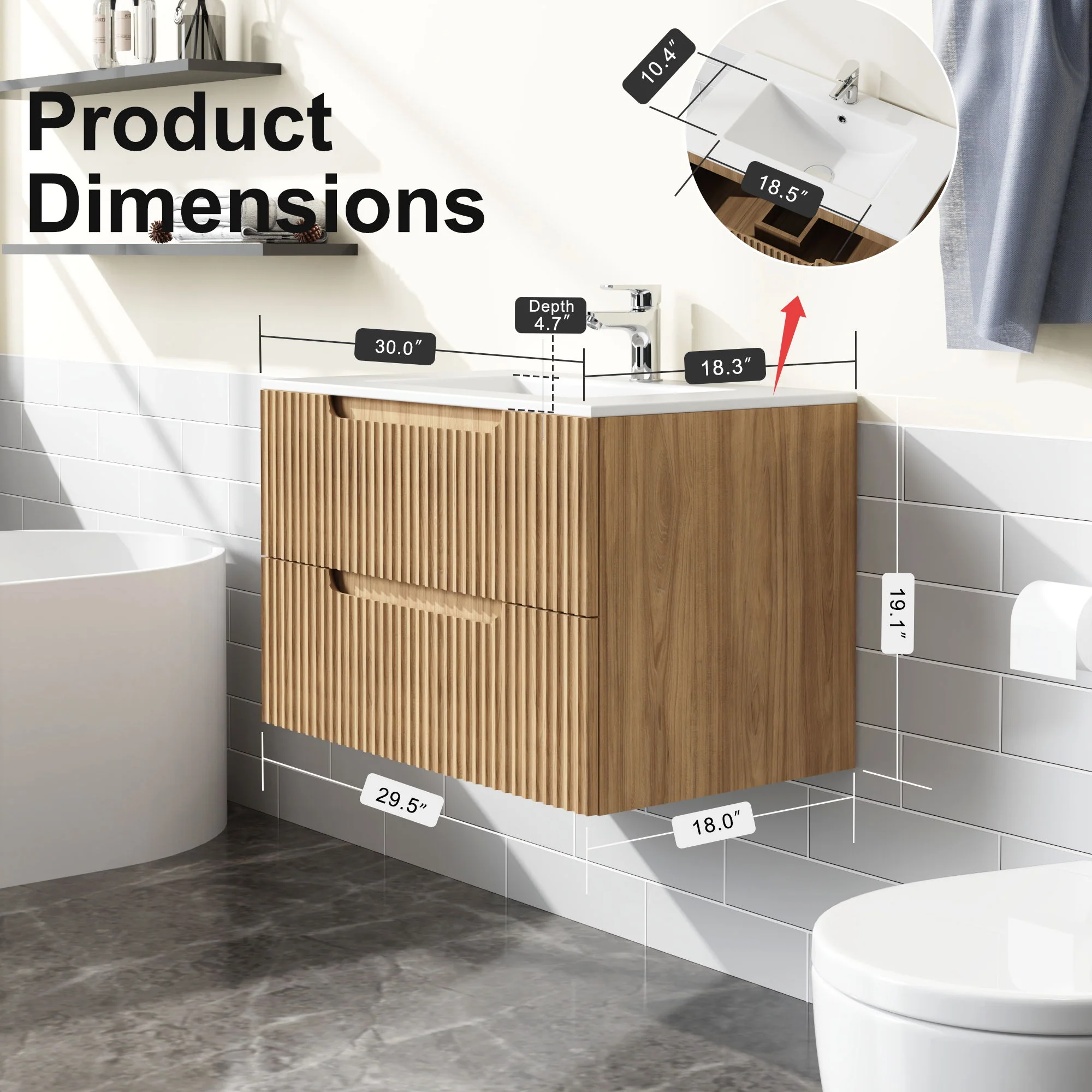 30" Wall Mounted Bathroom Vanity With Sink, Soft Close System, And Spacious Drawers - Walnut - Image 3