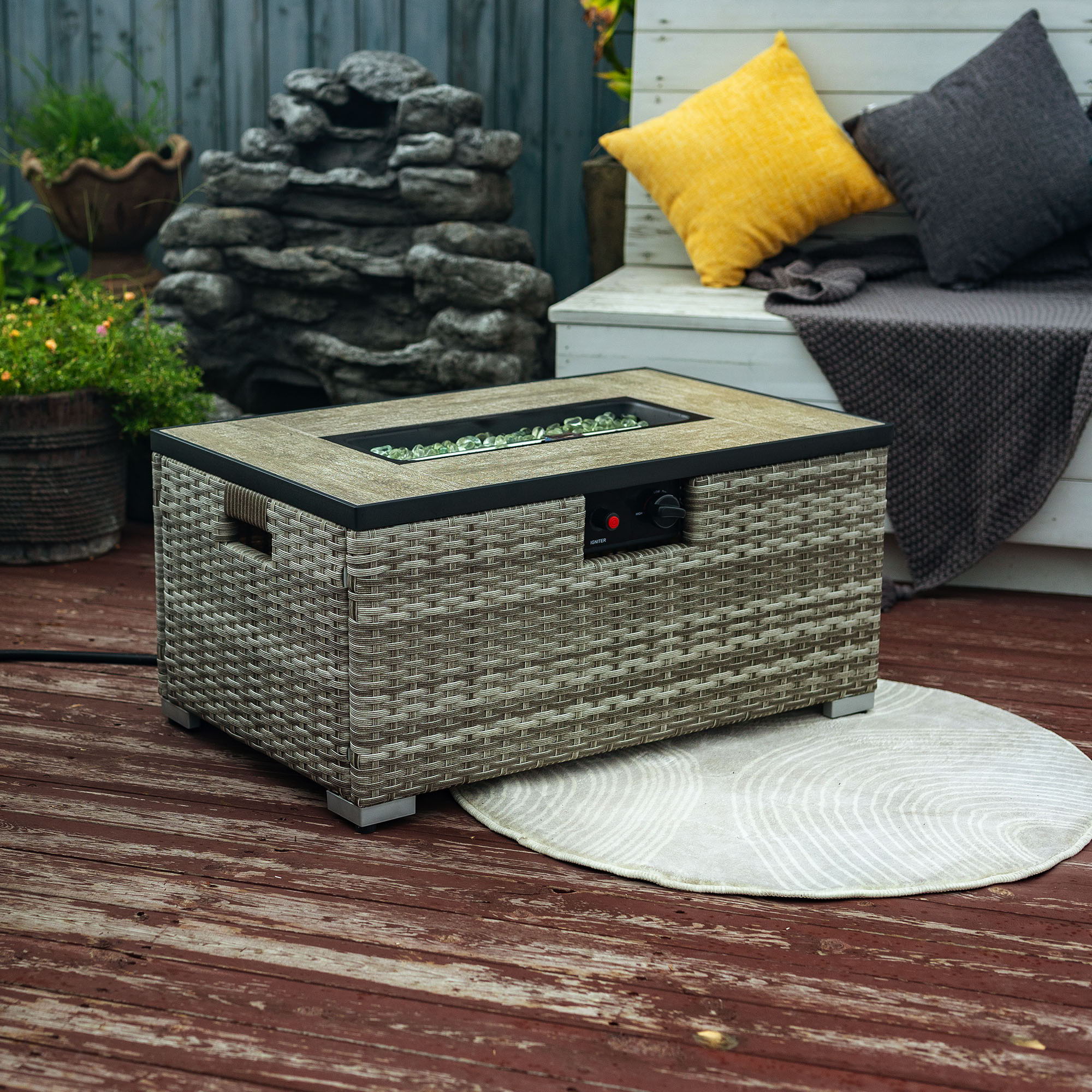 32" Propane Gas Fire Pit Table With Propane Tank Cover, 50000 Btu Rectangular Steel Fire Pit With Beautiful Wicker Base - Image 3