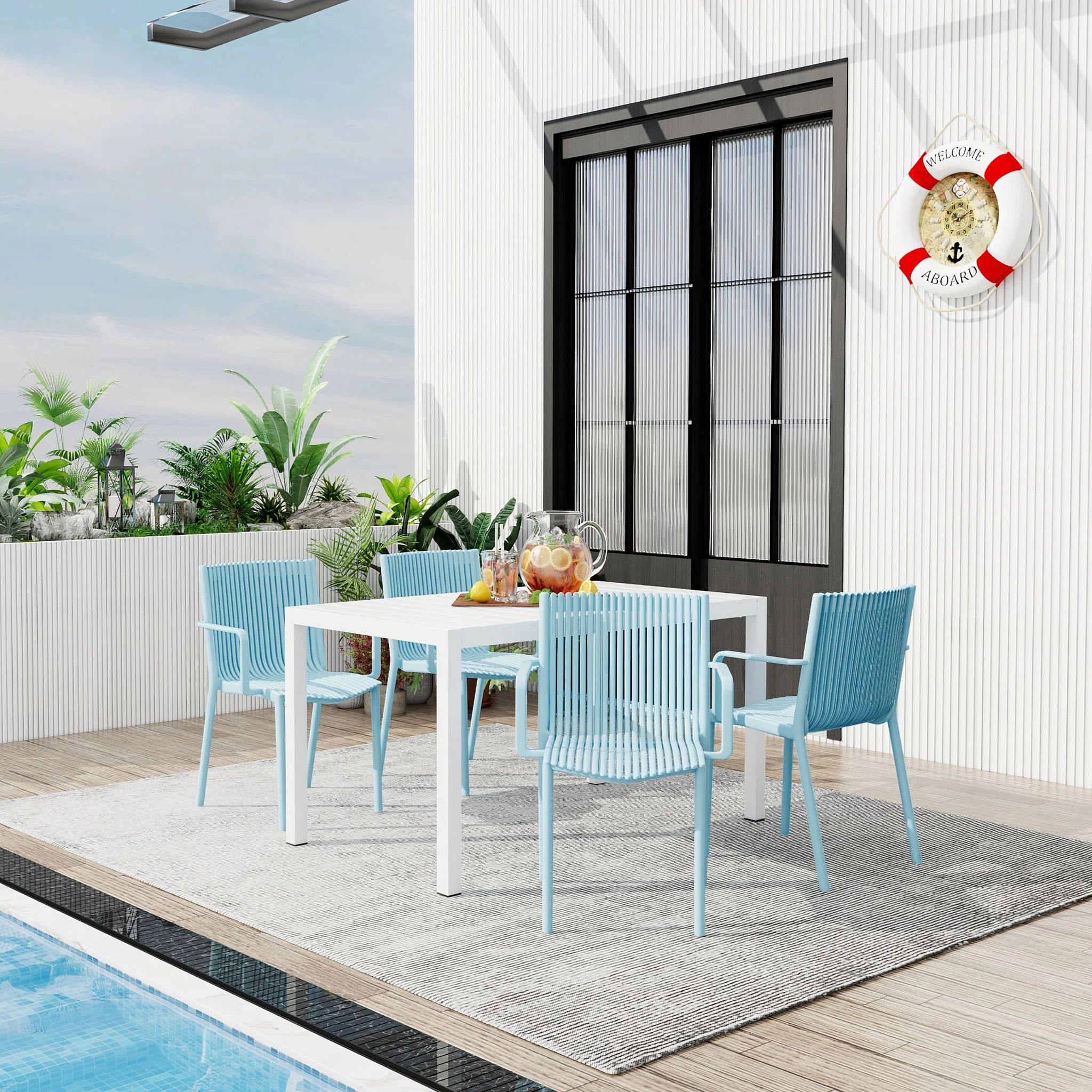 4 Modern Stackable Armchair Matched With Long Table - Image 6