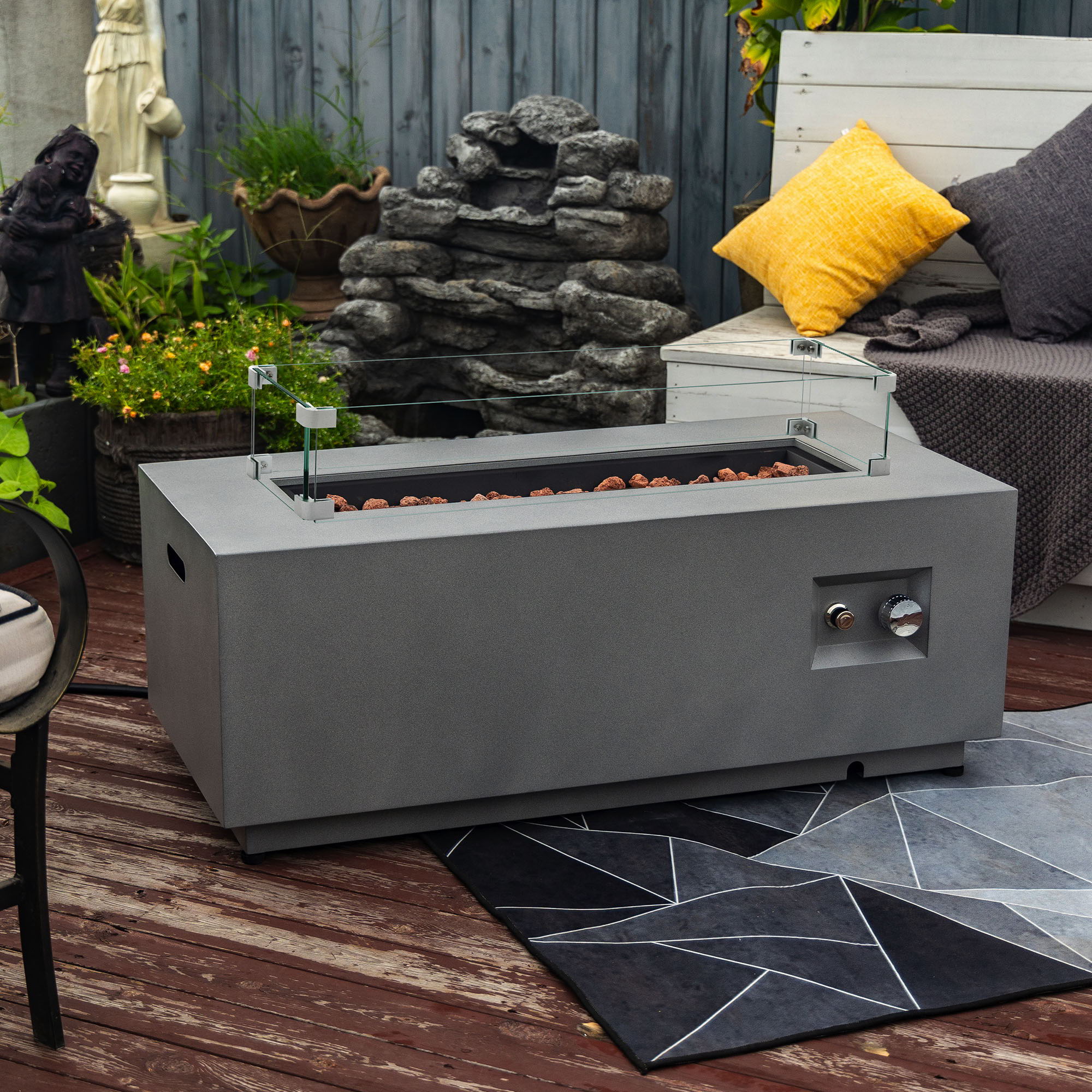 42" Propane Gas Fire Pit Table, 50000 Btu Rectangular Steel Fire Pit With Glass Wind Guard For Outside Patio Deck Garden Courtyard - Gray - Image 2