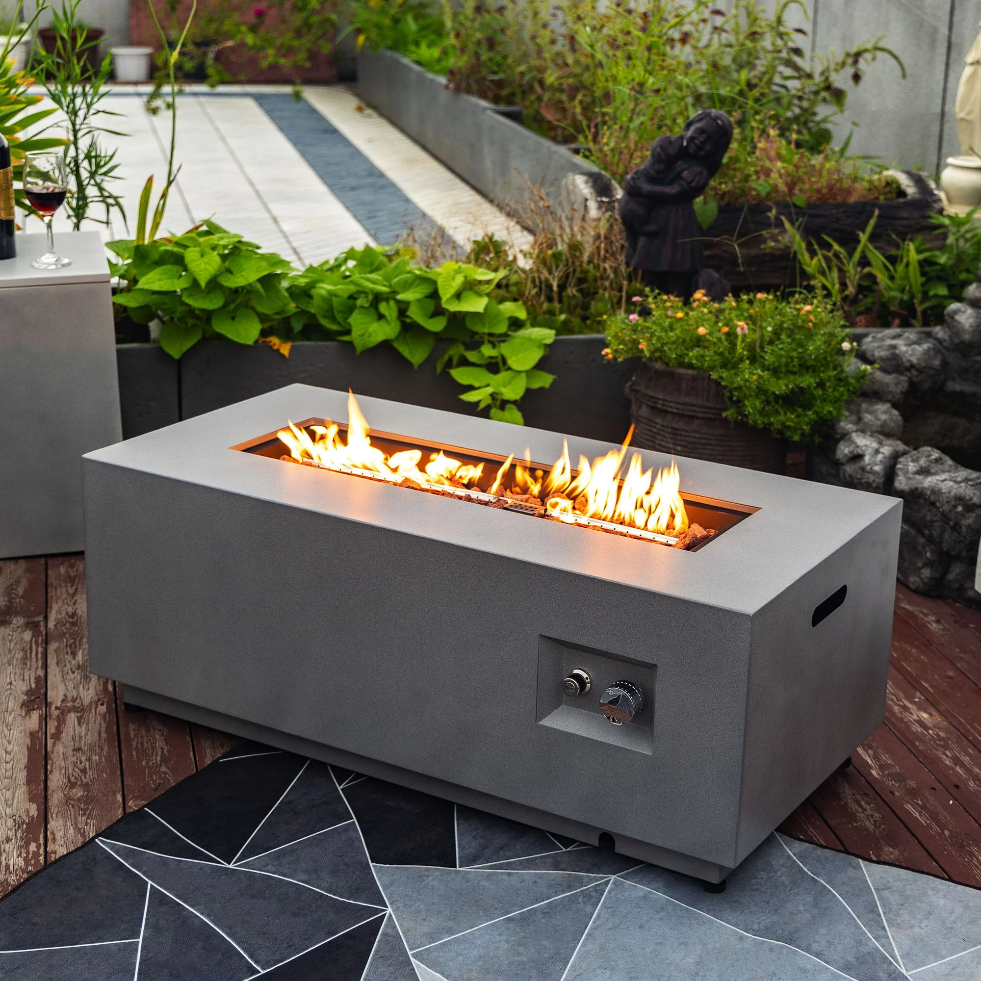 42" Propane Gas Fire Pit Table, 50000 Btu Rectangular Steel Fire Pit With Glass Wind Guard For Outside Patio Deck Garden Courtyard - Gray - Image 4