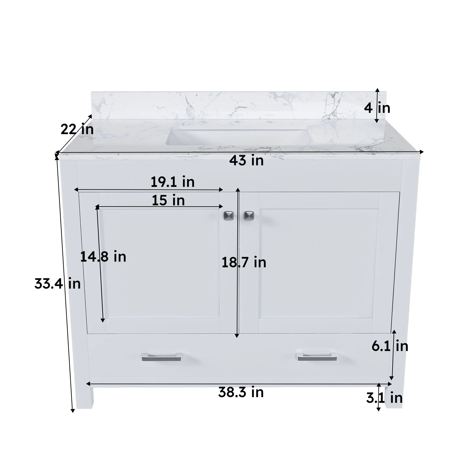 43" Bathroom Vanity With Artificial Marble Carrara Top Set, Multi Functional Bathroom Cabinet With Doors And Drawer - White - Image 2