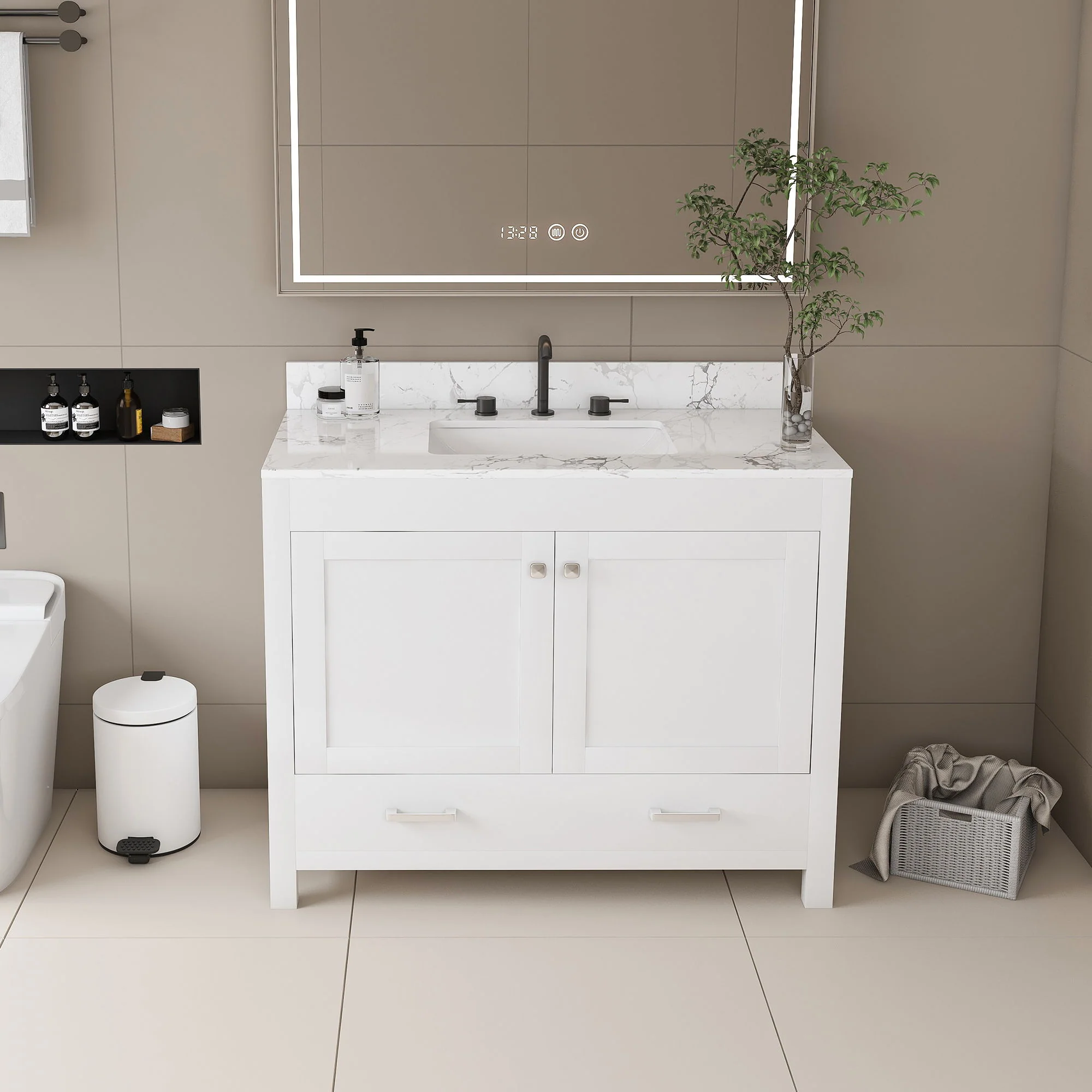 43" Bathroom Vanity With Artificial Marble Carrara Top Set, Multi Functional Bathroom Cabinet With Doors And Drawer - White - Image 3