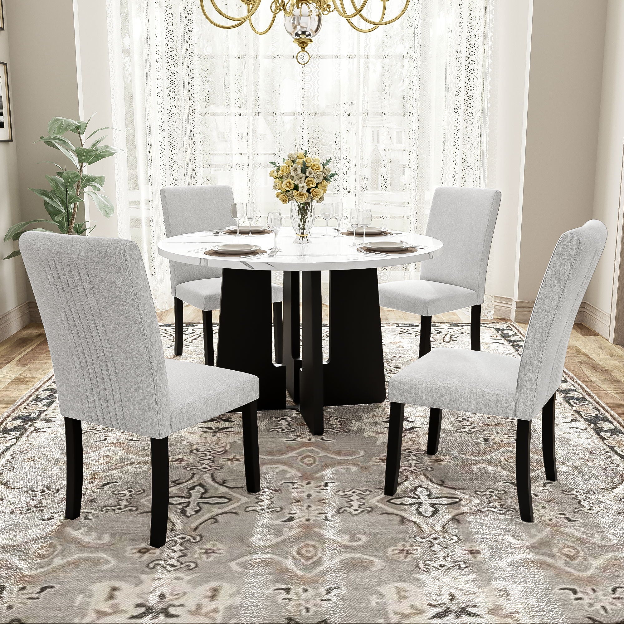 5 Piece Round Dining Table Set, Modern Dining Table And 4 Upholstered Chairs For Dining Room - Image 2