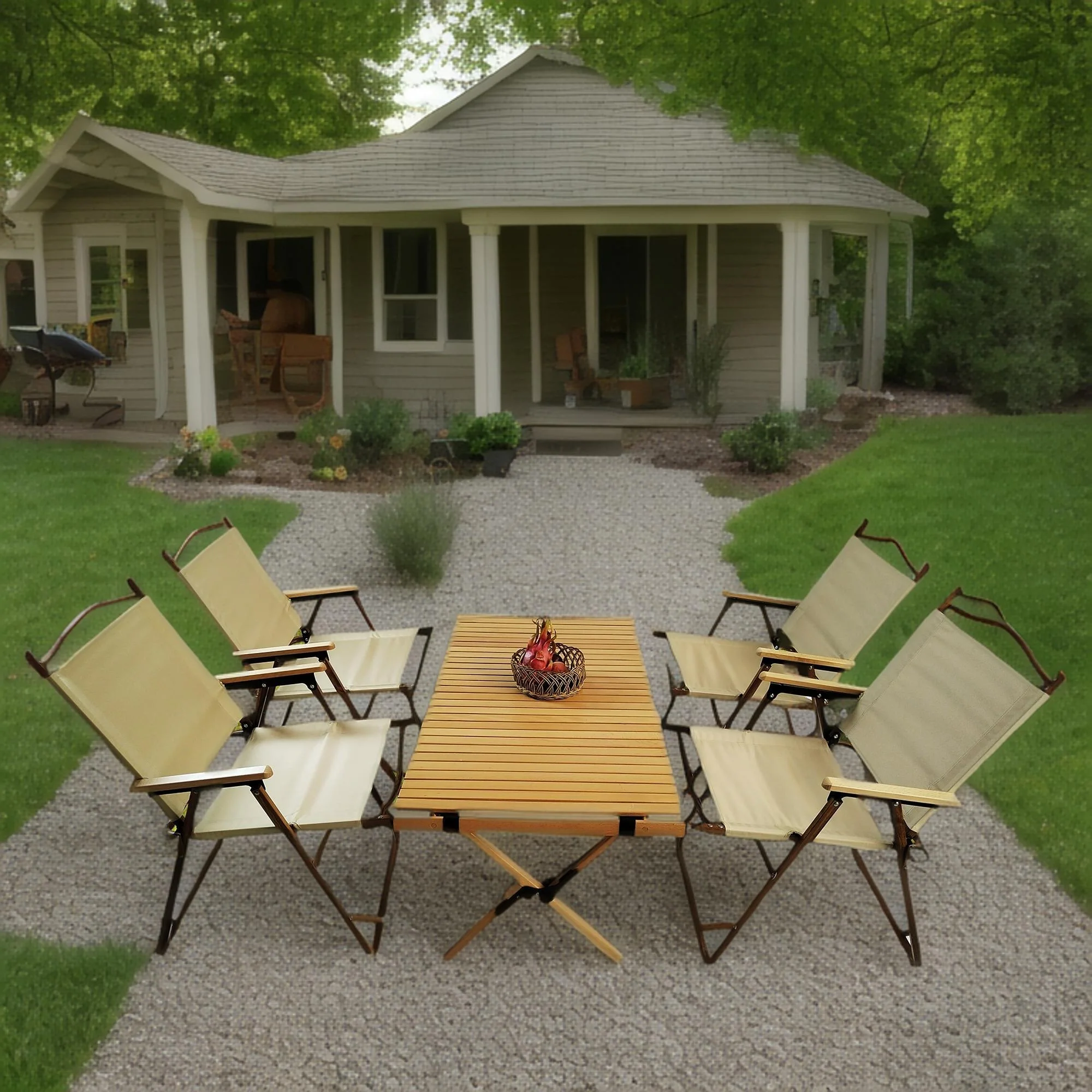 5 Pieces Dining Set, Multi-Function Foldable And Portable, 1 Dining Table & 4 Folding Chairs, Indoor And Outdoor Universal For Children - Natural - Image 2