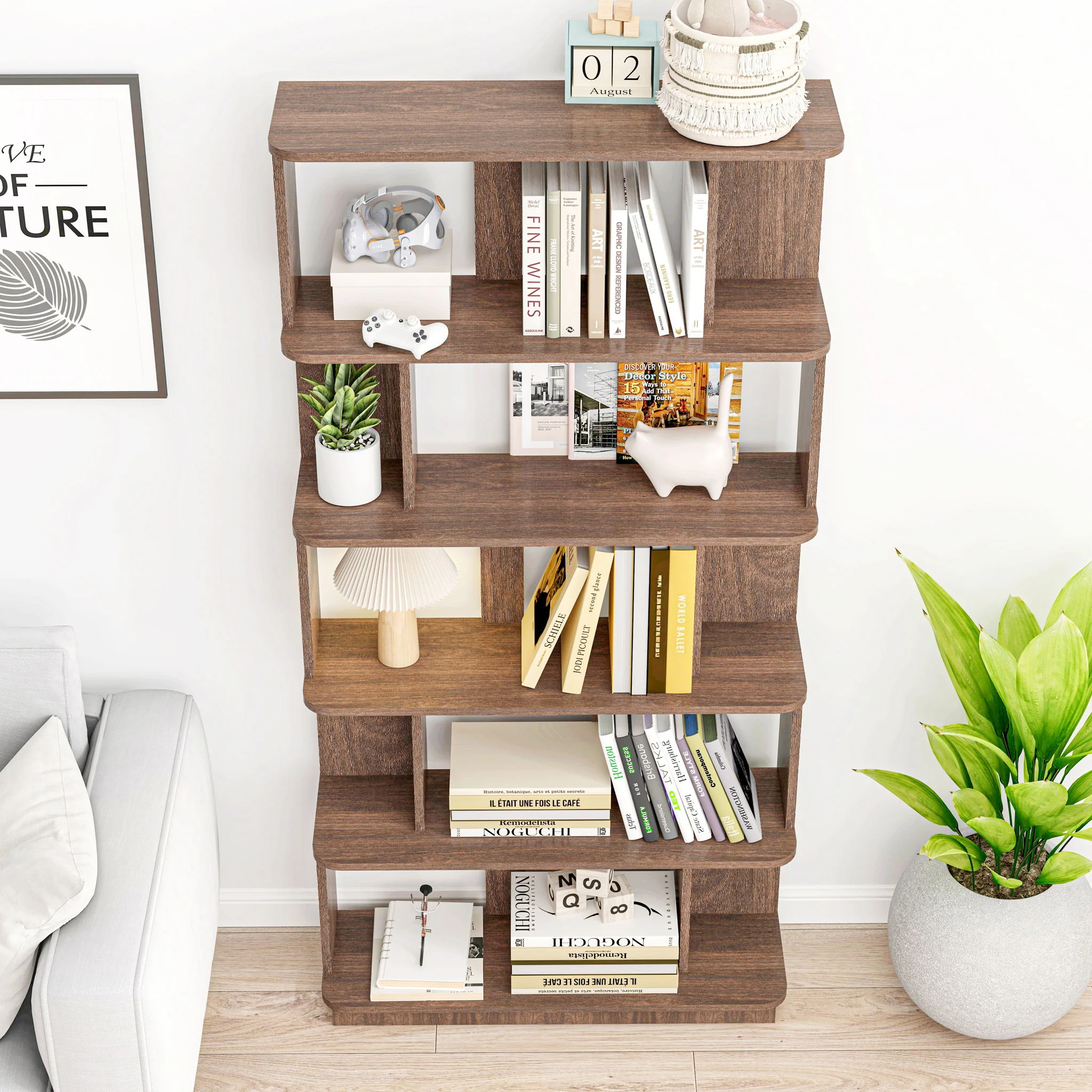 5 Tier Open Bookshelf, Free Combination Storage Shelving For Living Room - Dark Brown - Image 4