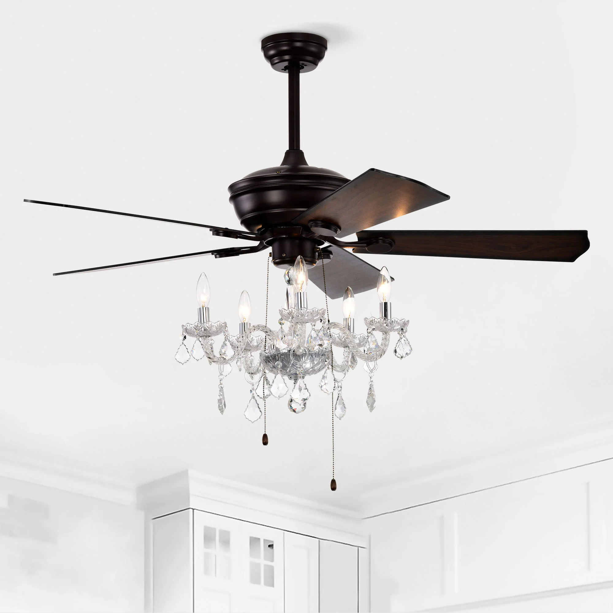 52" Crystal Shade Ceiling Fan Lamp, 3 Speed, 4 Timing, 5 Reversible Blades Crystal Ceiling Fan, 5 Pieces X E12 (No Include Bulb), Hand Pull Chain - Matte Black - Image 2