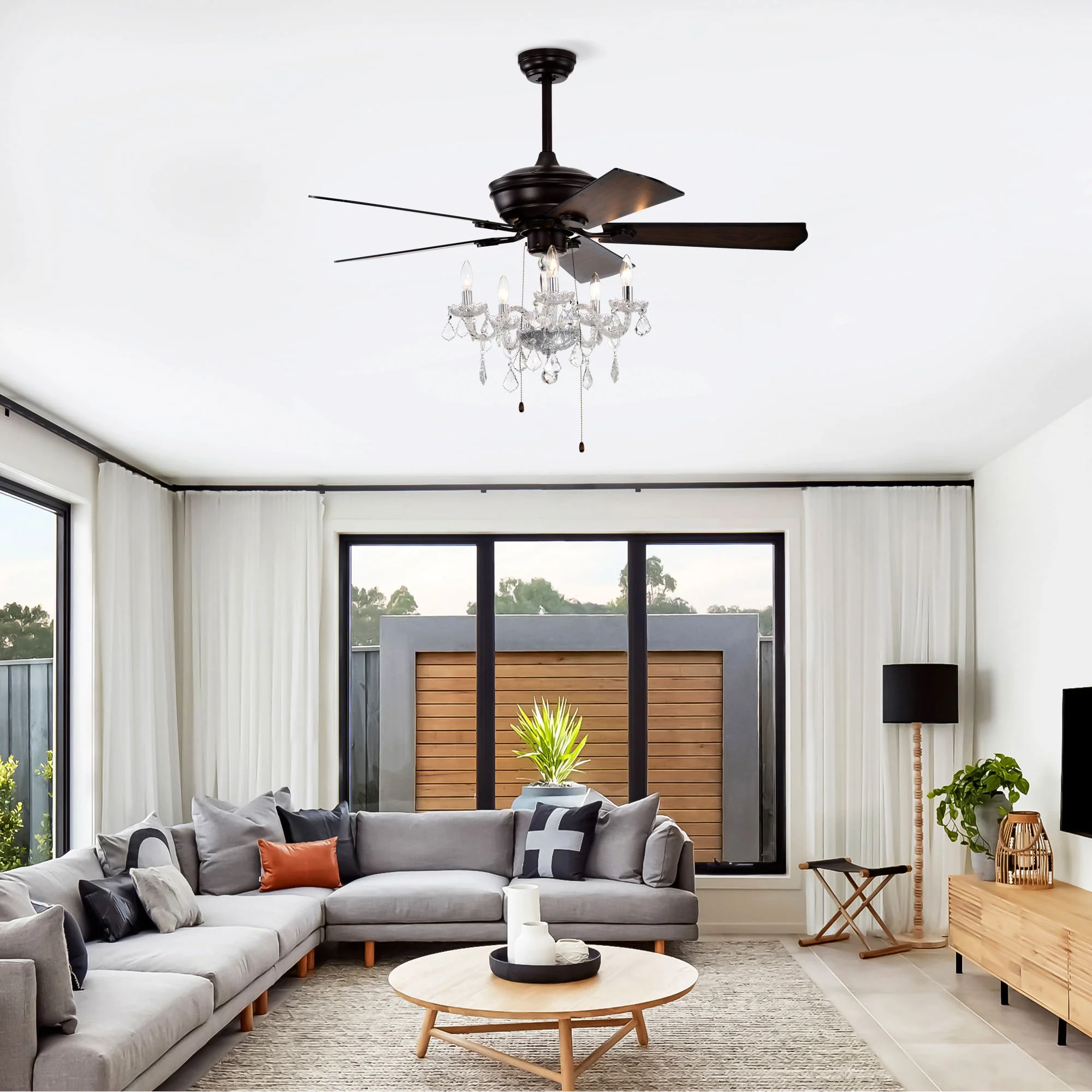 52" Crystal Shade Ceiling Fan Lamp, 3 Speed, 4 Timing, 5 Reversible Blades Crystal Ceiling Fan, 5 Pieces X E12 (No Include Bulb), Hand Pull Chain - Matte Black - Image 3