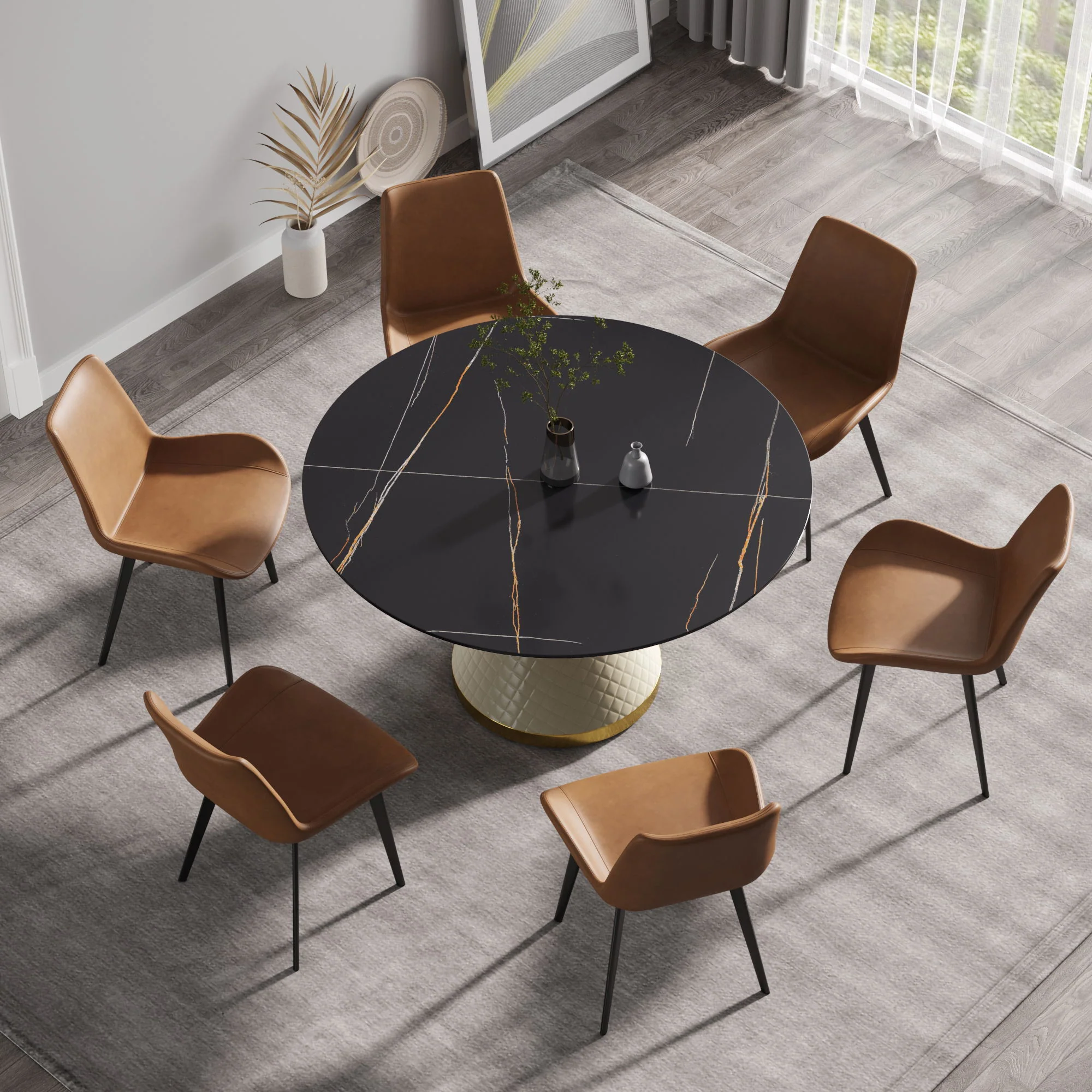 53.15" Modern Artificial Stone Round Carbon Steel Base Dining Table, Can Accommodate 6 People - Black / White - Image 2