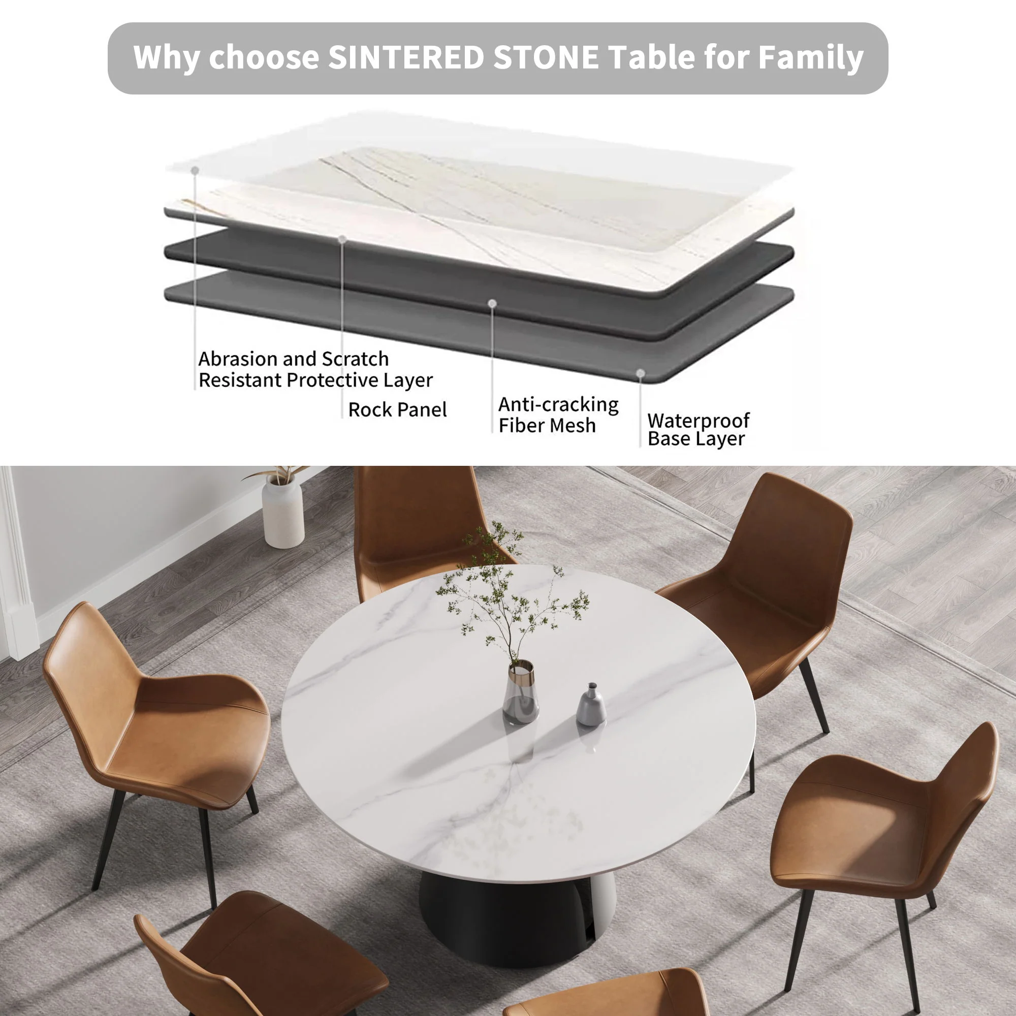 53.15" Modern Artificial Stone Round Carbon Steel Base Dining Table, Can Accommodate 6 People - White / Black - Image 2