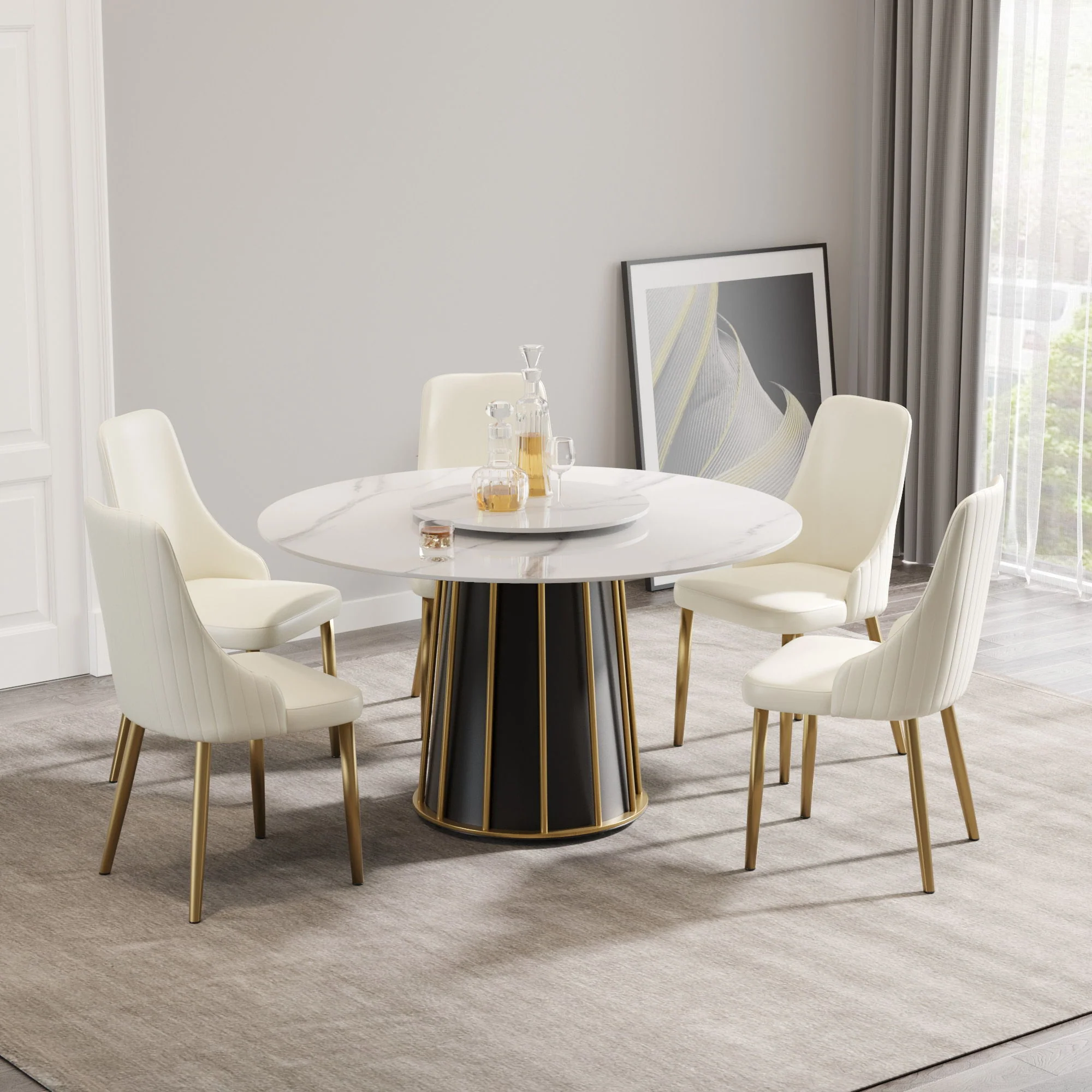 53.15" Modern Artificial Stone Round Panel Metal Iron Base Dining Table, Can Accommodate 6 People-23.62" Artificial Stone Turntable (Not Including Chairs) - White / Black - Image 3