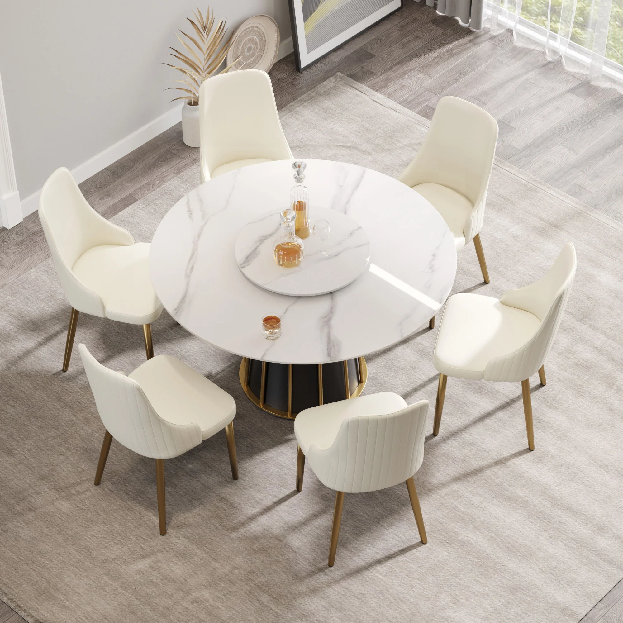 53.15" Modern Artificial Stone Round Panel Metal Iron Base Dining Table, Can Accommodate 6 People-23.62" Artificial Stone Turntable (Not Including Chairs) - White / Black - Image 4