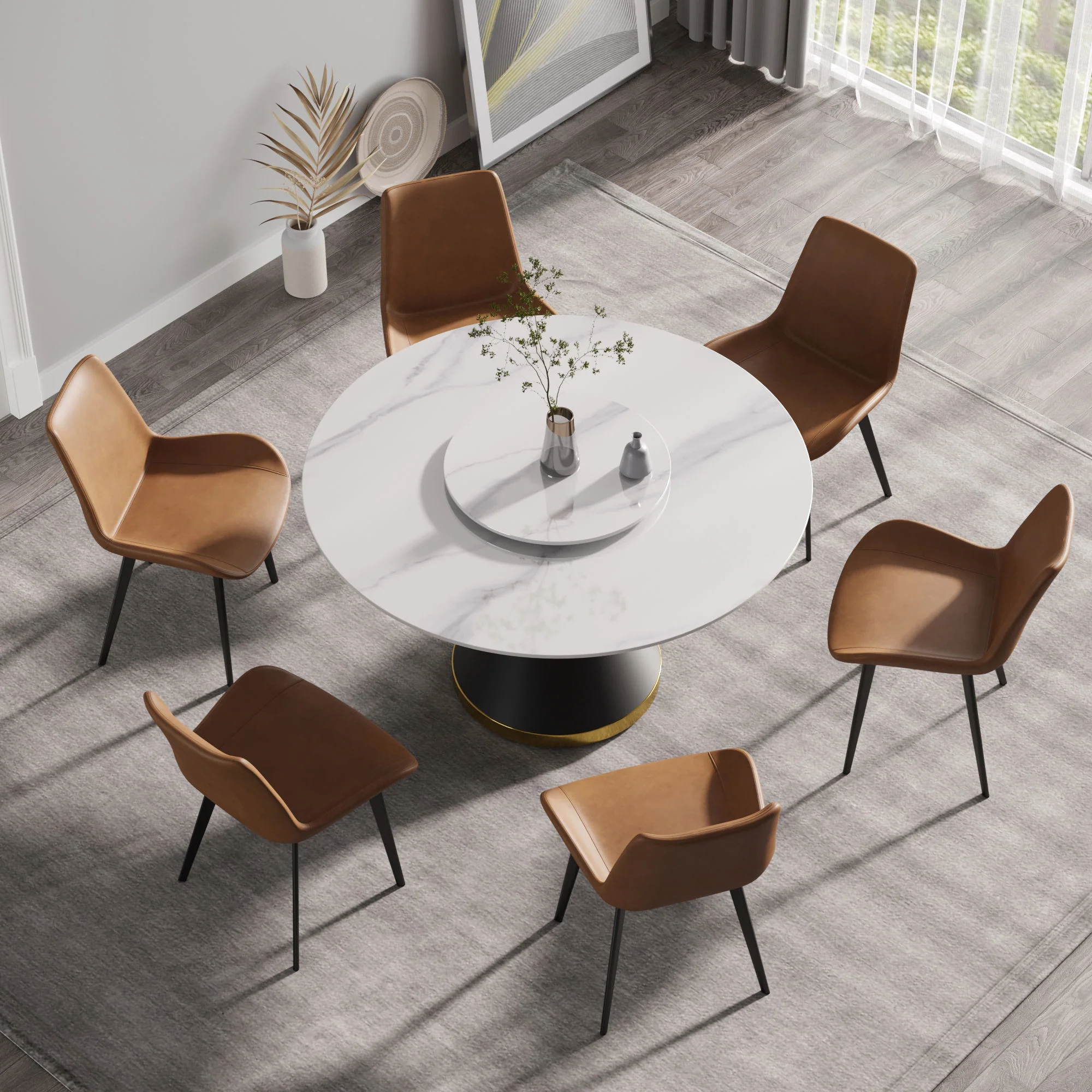 53" Modern Artificial Stone Round Carbon Steel Base Dining Table, Can Accommodate 6 People, Artificial Stone Turntable - White / Black - Image 4