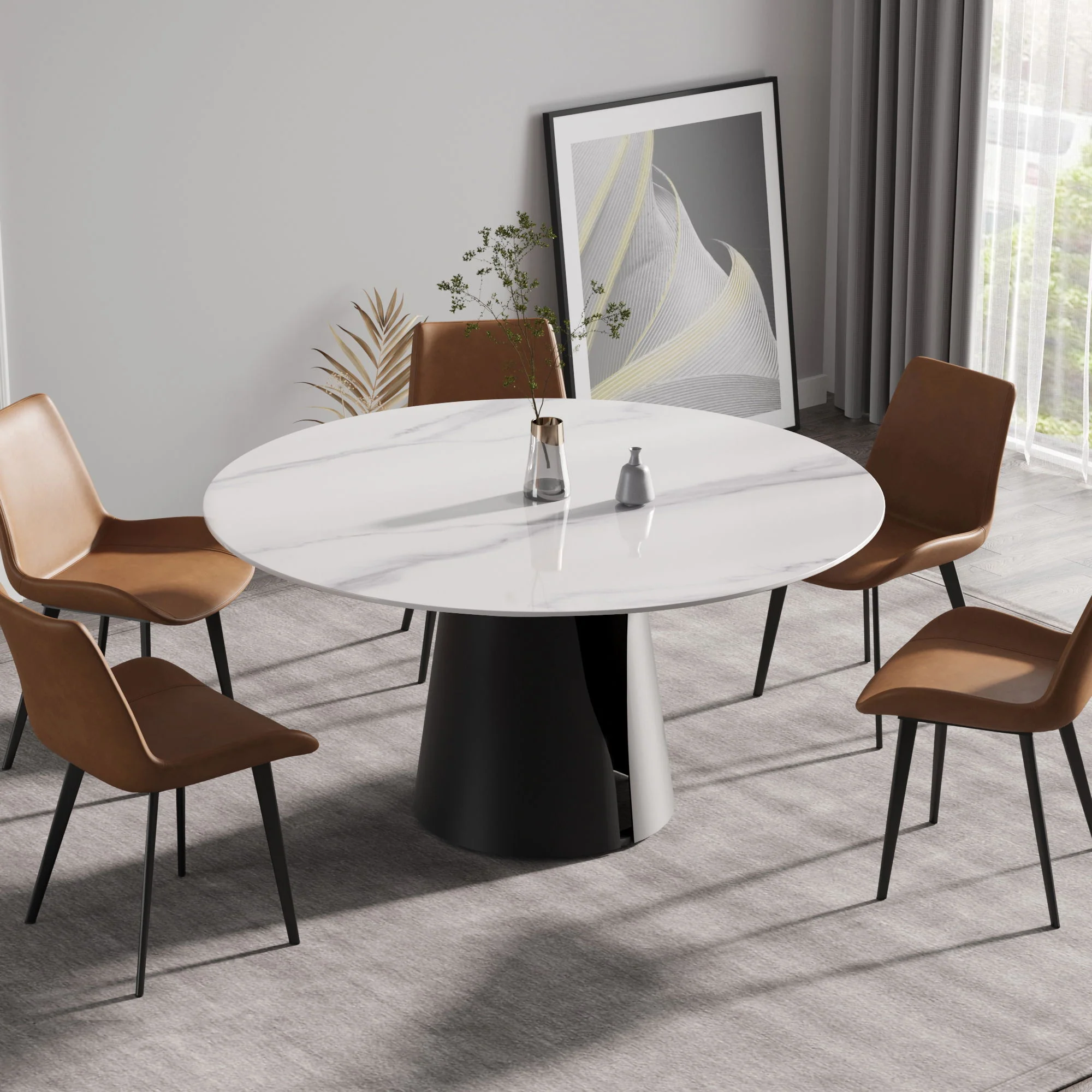 59.05" Modern Artificial Stone Round Carbon Steel Base Dining Table - White / Black - Image 3