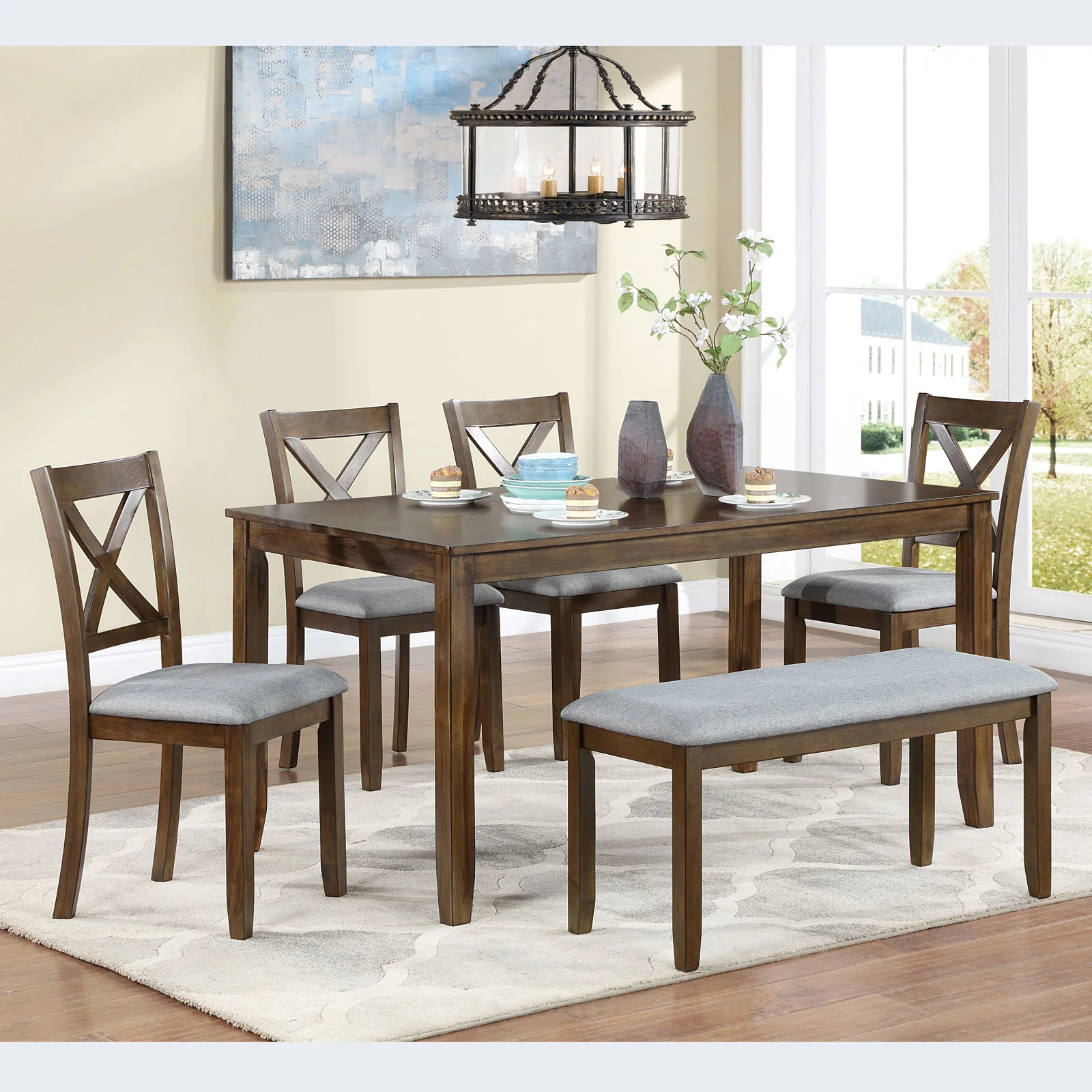 6 Pieces Kitchen Dining Set, Rectangular Wooden Dining Table With 4 Chairs And A Bench - Image 3