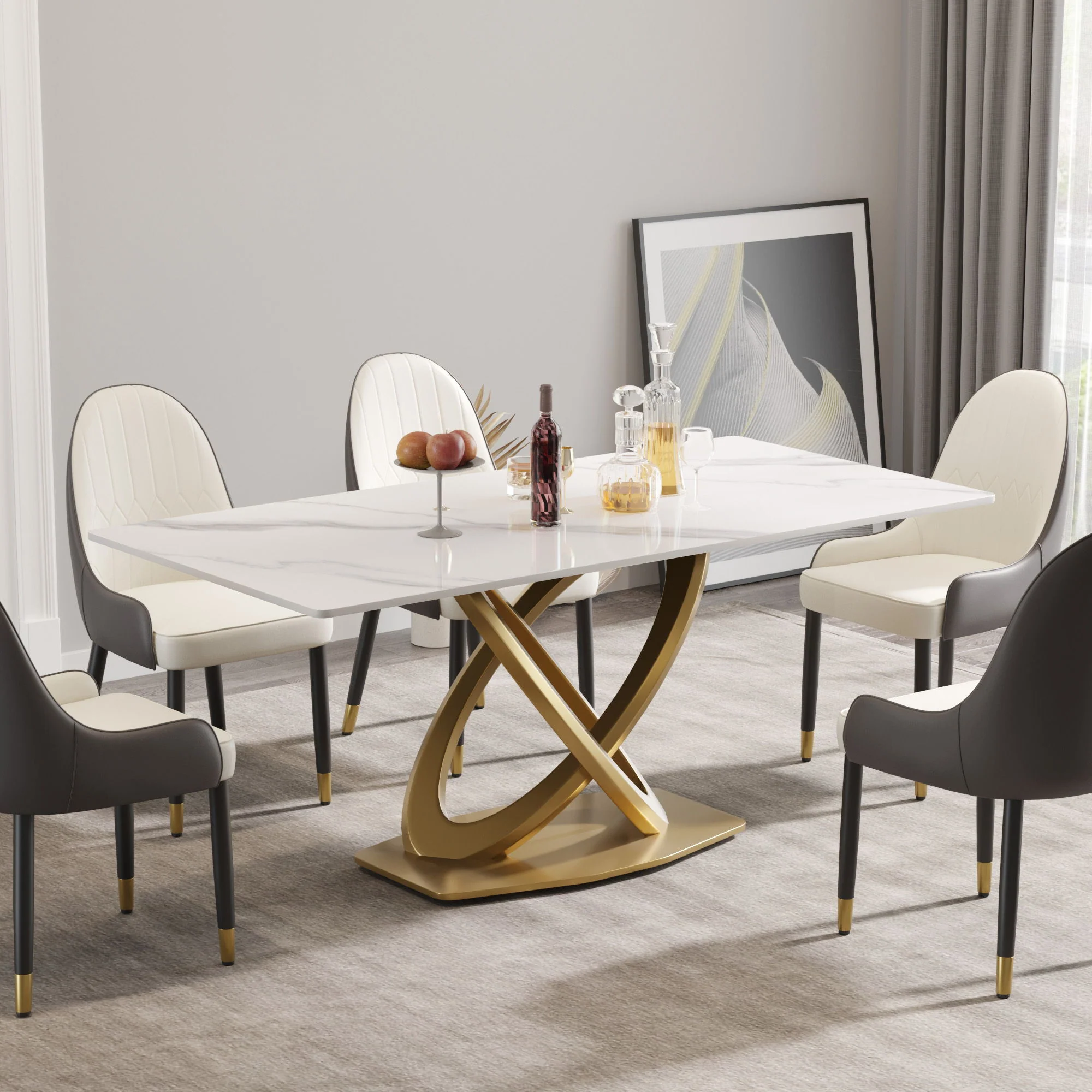 70.84" Modern Artificial Stone Panel Double-Ring Stainless Steel Metal Legs, Can Accommodate 6-8 People - Image 3