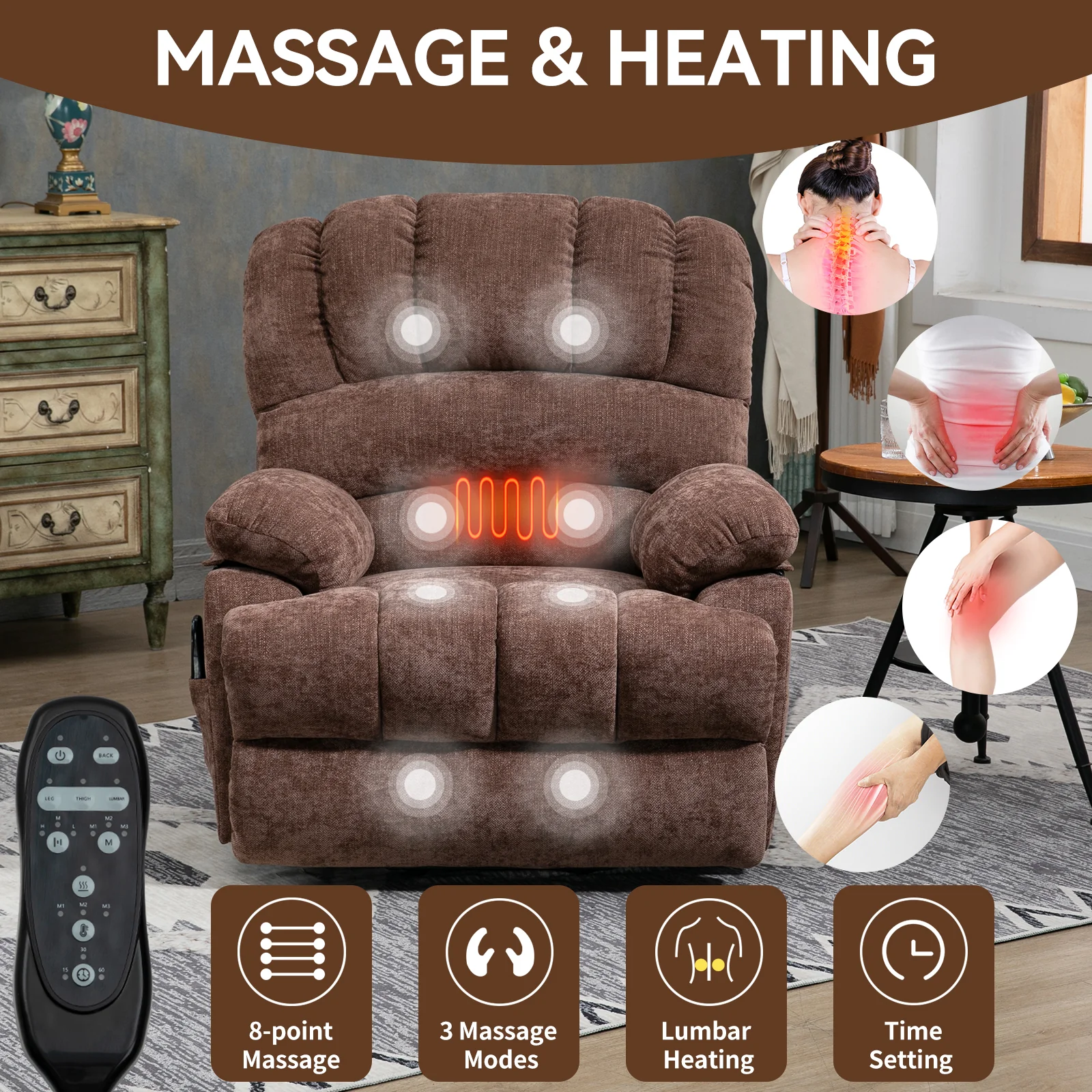 23' Seat Width and High Back Large Size Chenille Power Lift Recliner Chair with 8-Point Vibration Massage and Lumbar Heating, Brown - Image 6