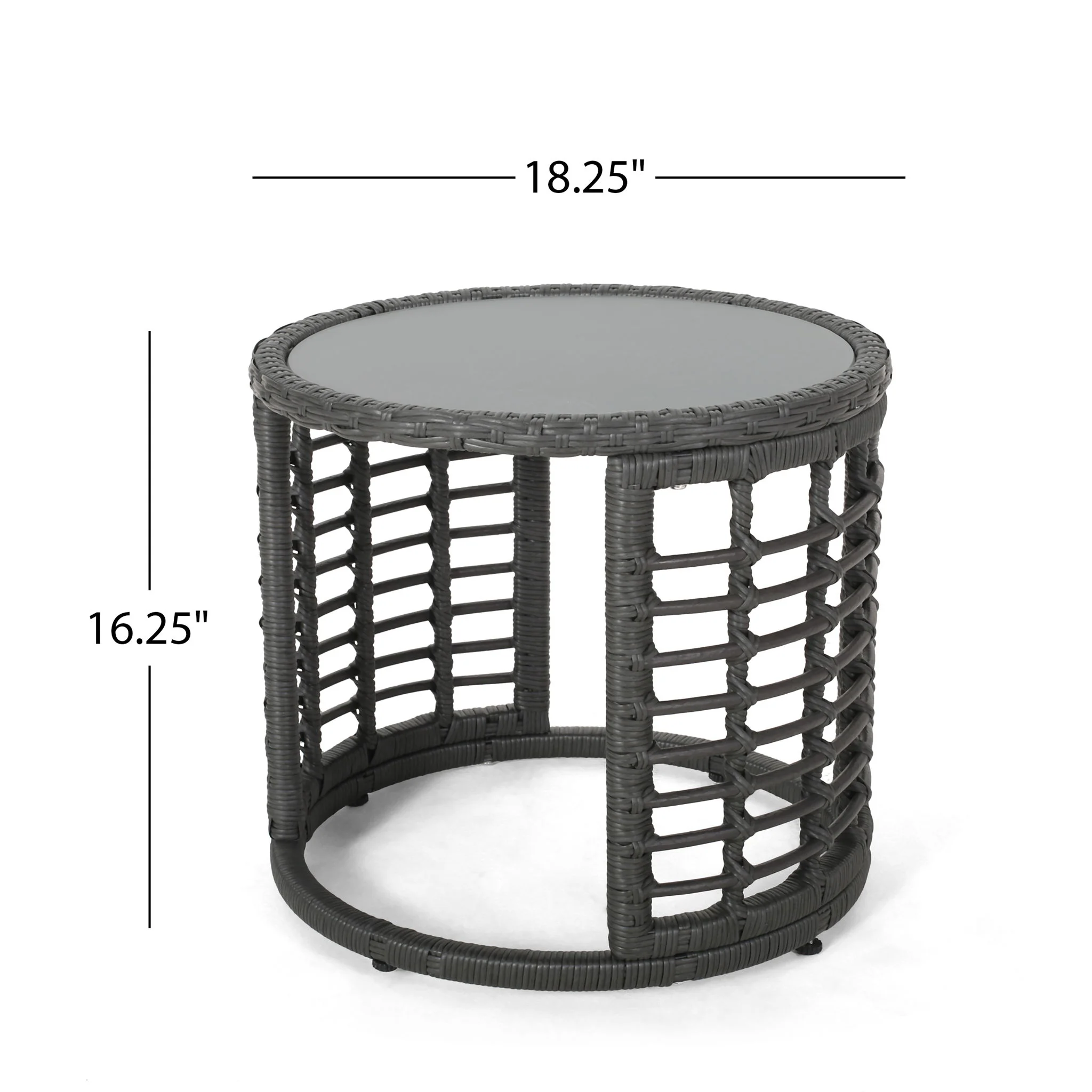 Achill - Outdoor Modern Boho Wicker Side Table With Glass Top - Gray - Image 2