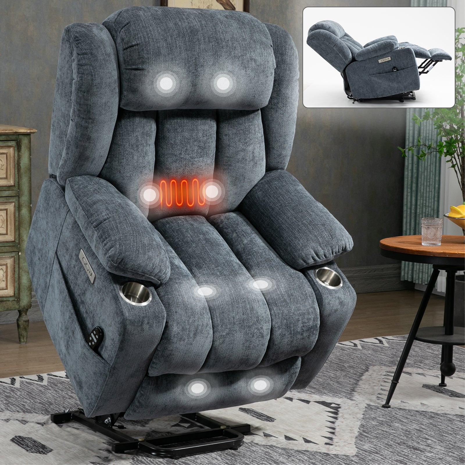 Up to 350 LBS Chenille Power Lift Recliner Chair, Heavy Duty Motion Mechanism with 8-Point Vibration Massage and Lumbar Heating, USB and Type-C Ports, Stainless Steel Cup Holders, Blue - Image 19