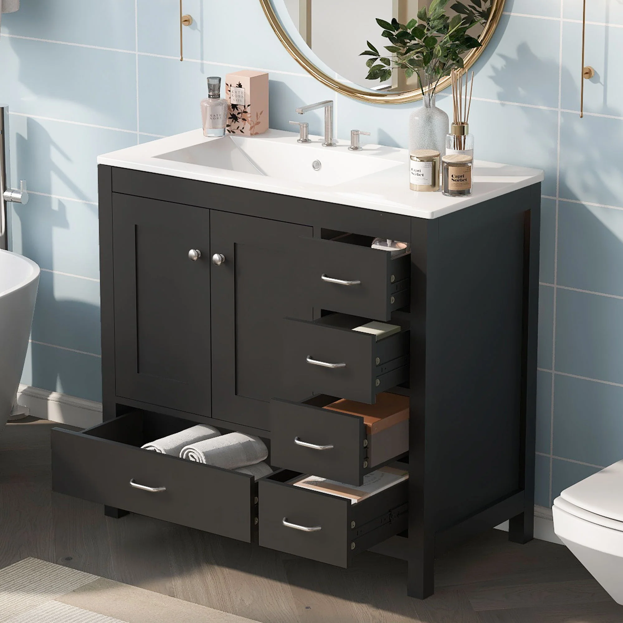 Bathroom Vanity With Ceramic Sink Combo, Abundant Storage Cabinet 2 Soft Close Doors And 5 Drawers - Image 14
