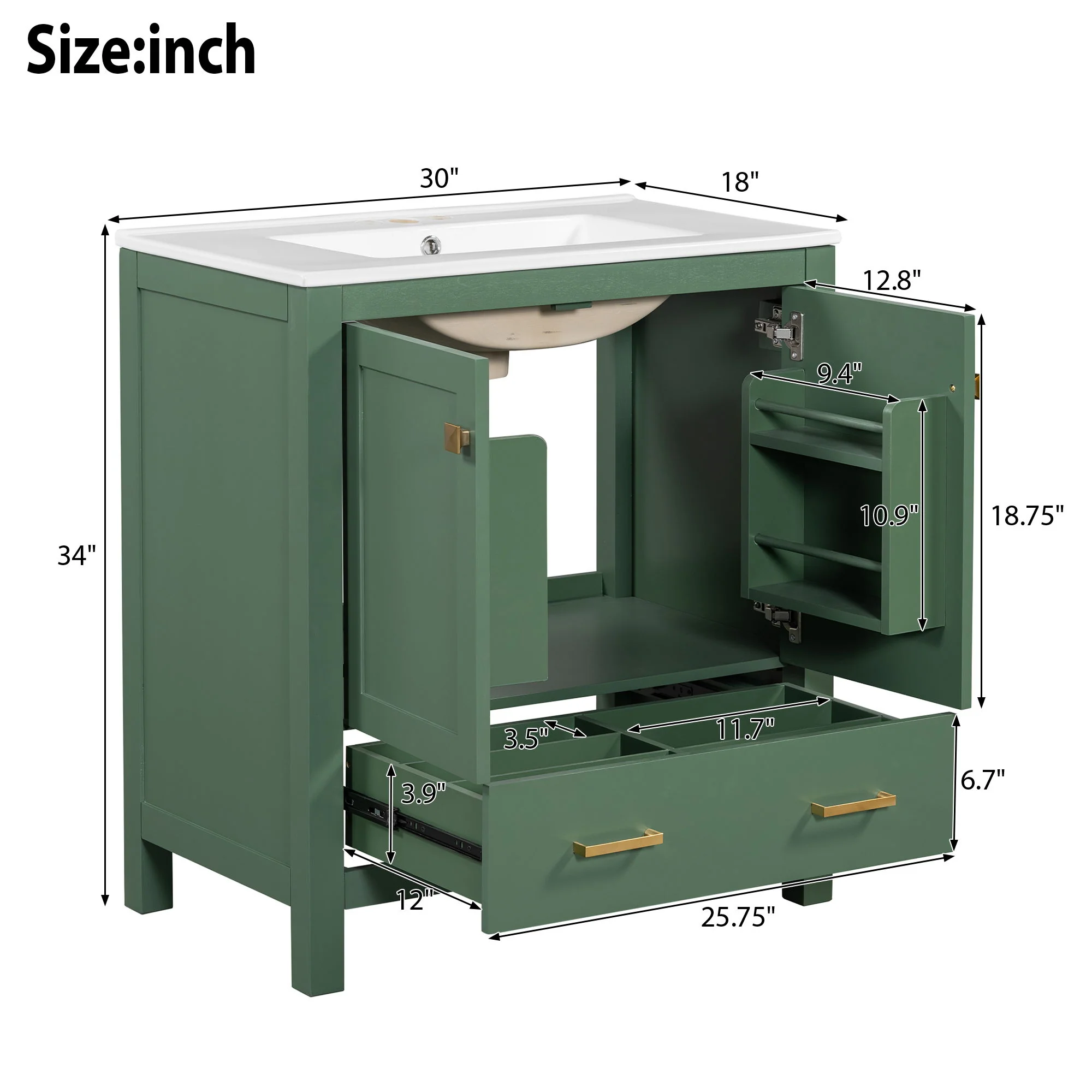 Bathroom Vanity With Single Sink, Combo Cabinet Undermount Sink, Bathroom Storage Cabinet With 2 Doors And A Drawer, Soft Closing, Multifunctional Storage, Solid Wood Frame - Image 2