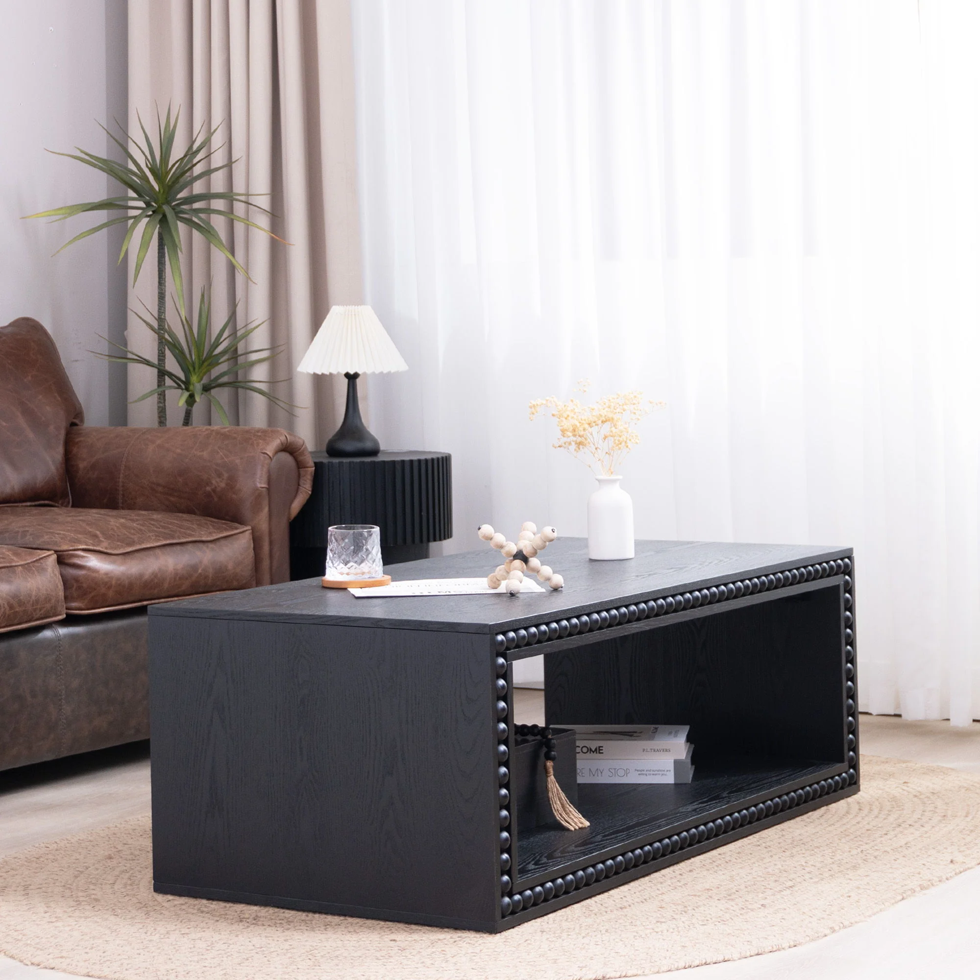 Beaded Edge Coffee Table, Rectangular Center Table With Open Storage Shelf - Black - Image 3