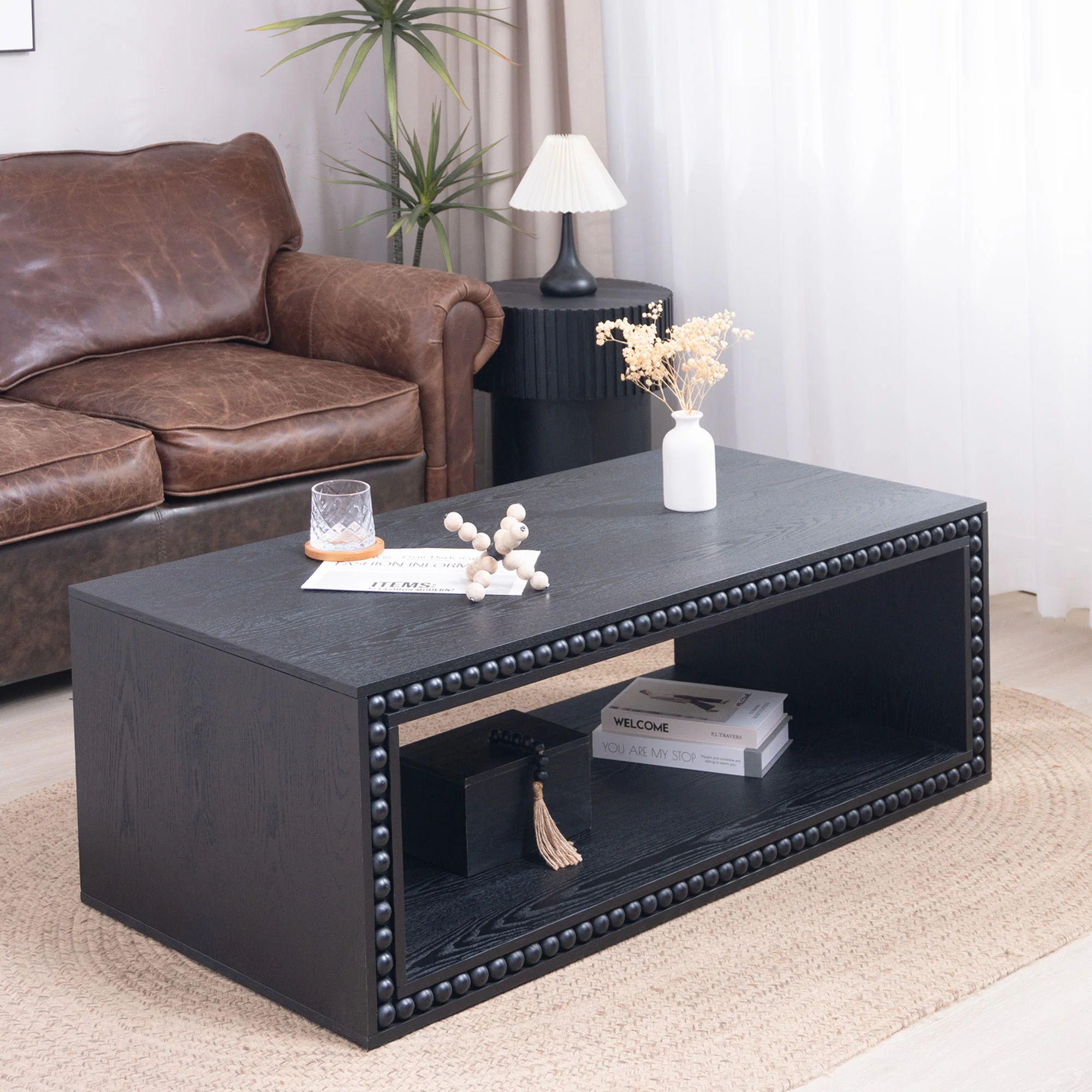 Beaded Edge Coffee Table, Rectangular Center Table With Open Storage Shelf - Black - Image 4