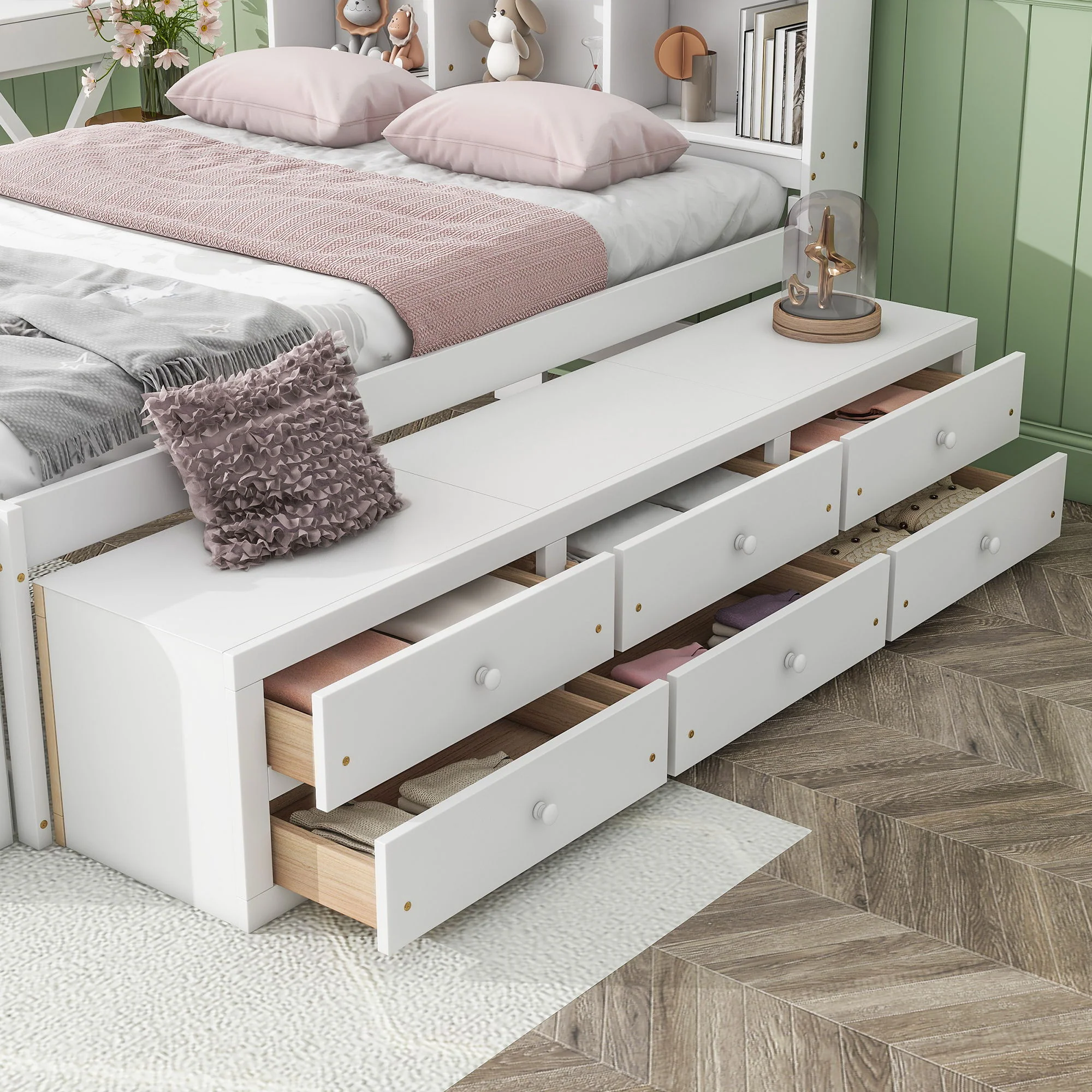 Bed With Bookcase Headboard, Under Bed Storage Drawers And Bed End Storage Case - Image 12