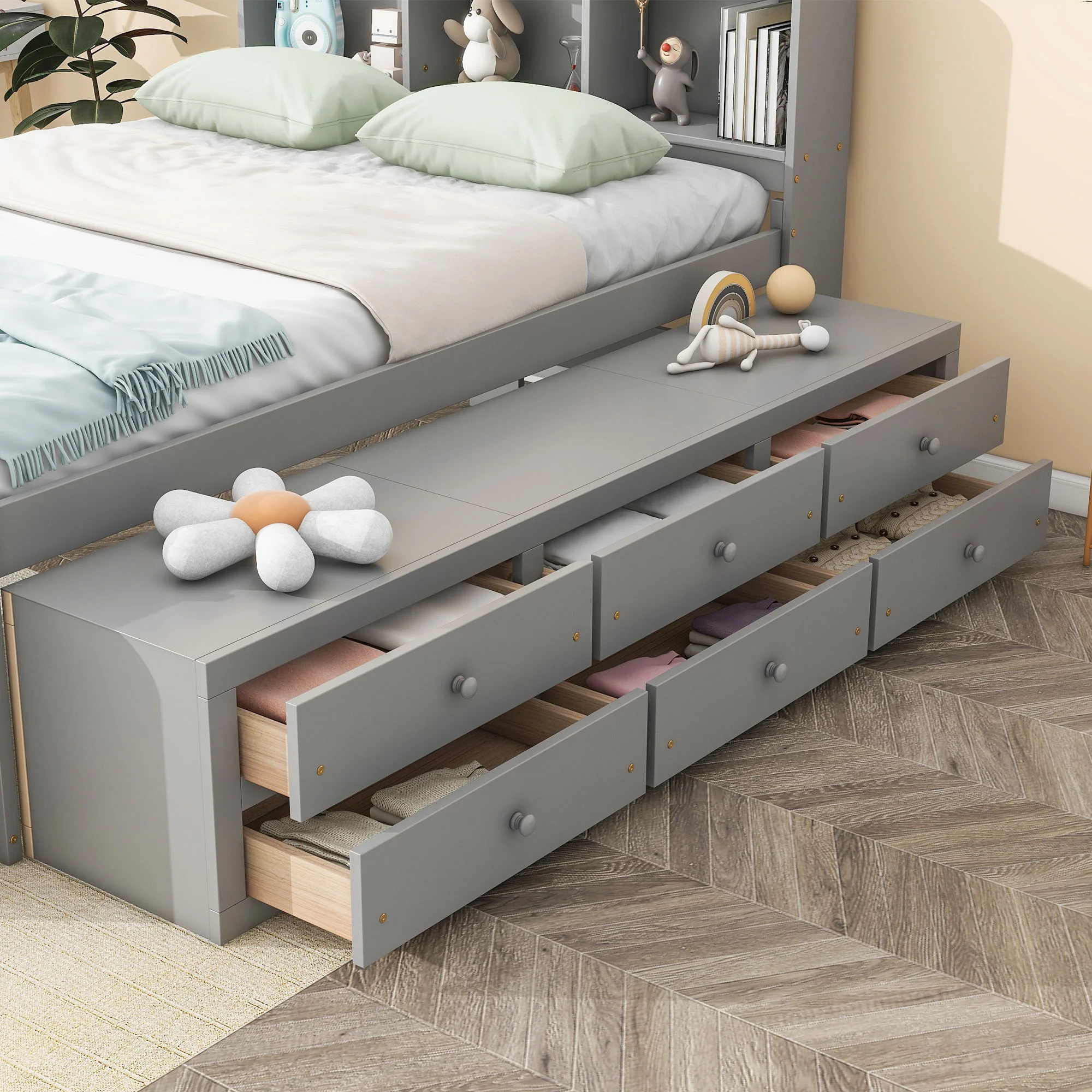 Bed With Bookcase Headboard, Under Bed Storage Drawers And Bed End Storage Case - Image 8