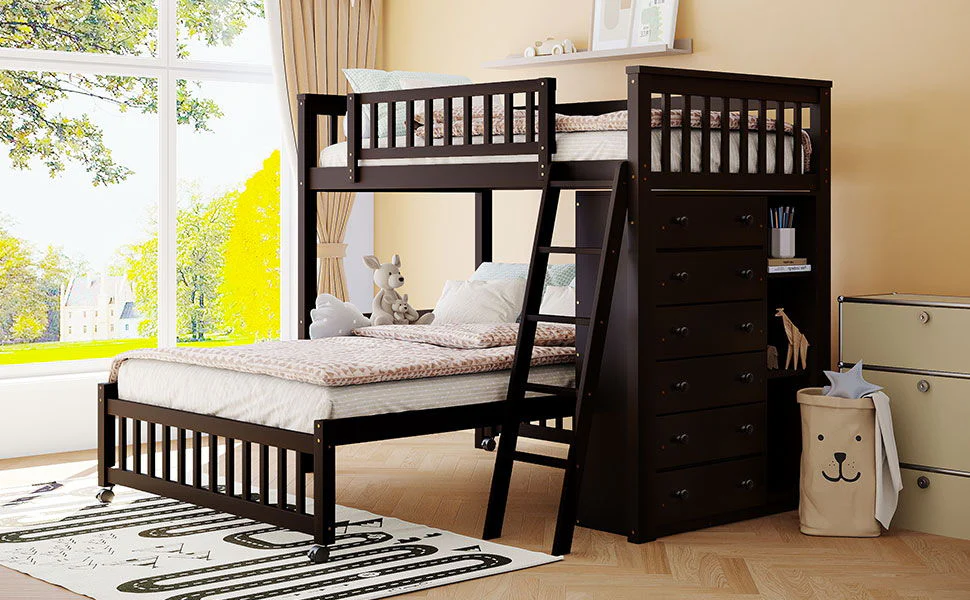 Bunk Bed With 6 Drawers And Flexible Shelves, Bottom Bed With Wheels - Image 12
