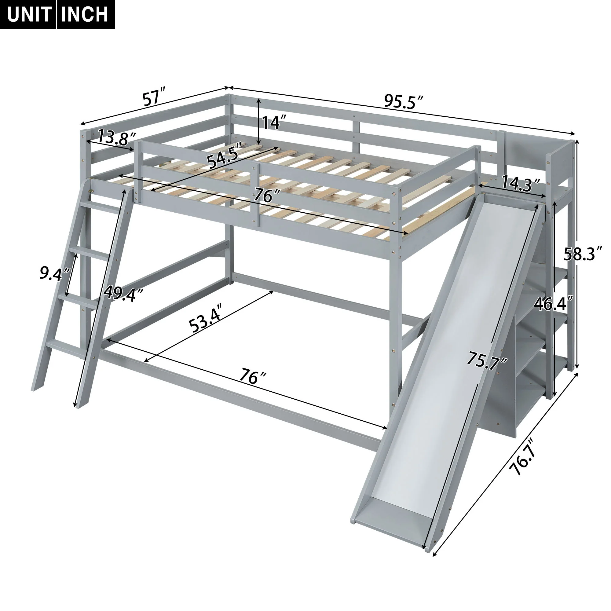 Bunk Bed With Ladder, Slide, And Shelves Pine Wood - Image 3