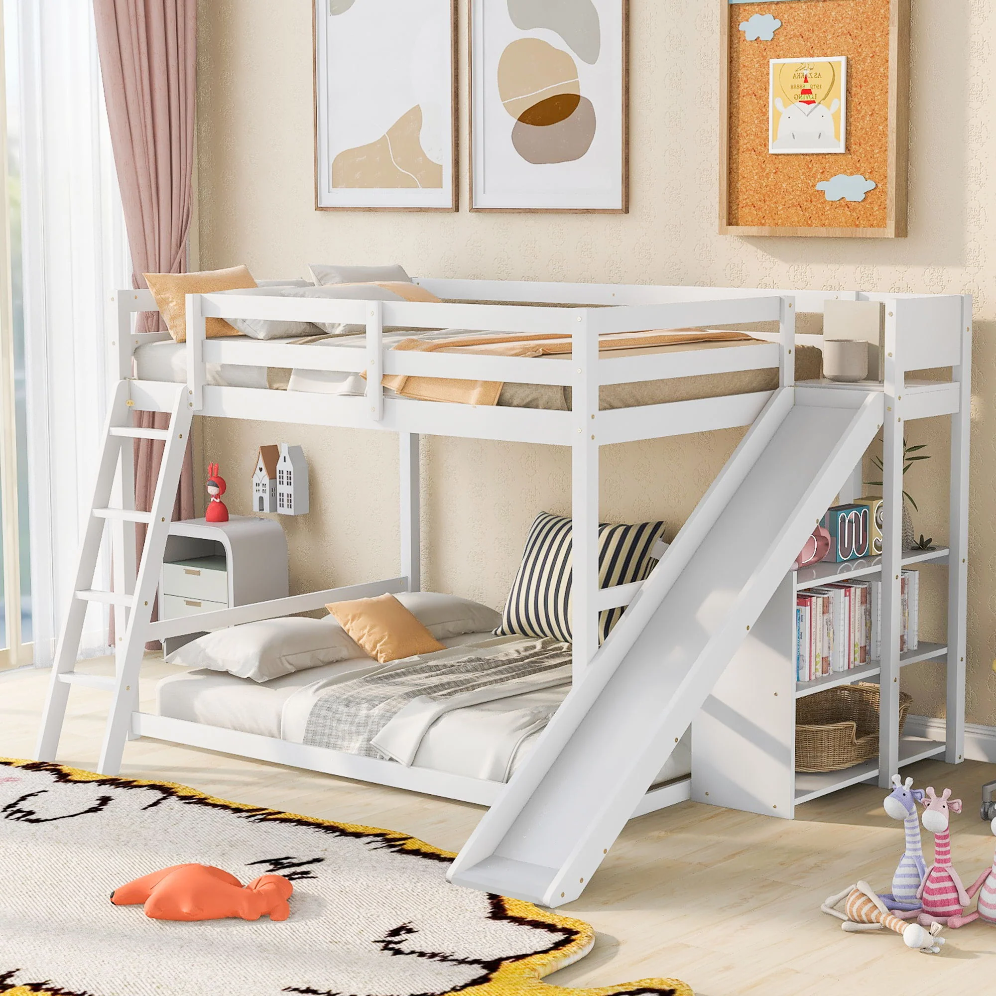 Bunk Bed With Ladder, Slide, And Shelves Pine Wood - Image 4