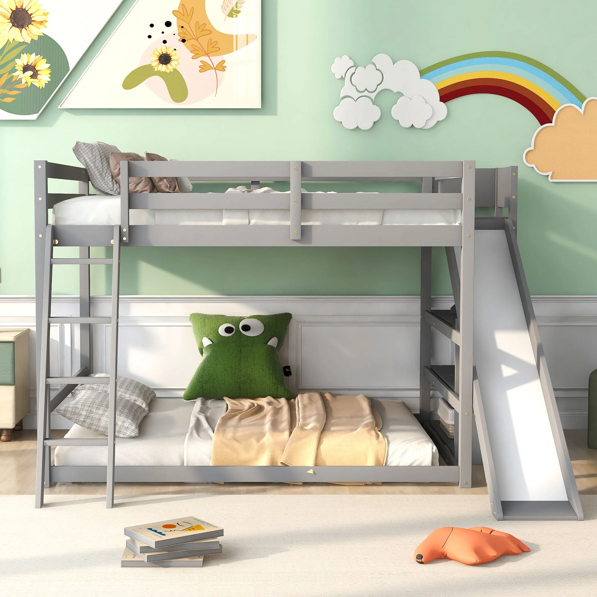 Bunk Bed With Ladder, Slide, And Shelves Pine Wood - Image 5