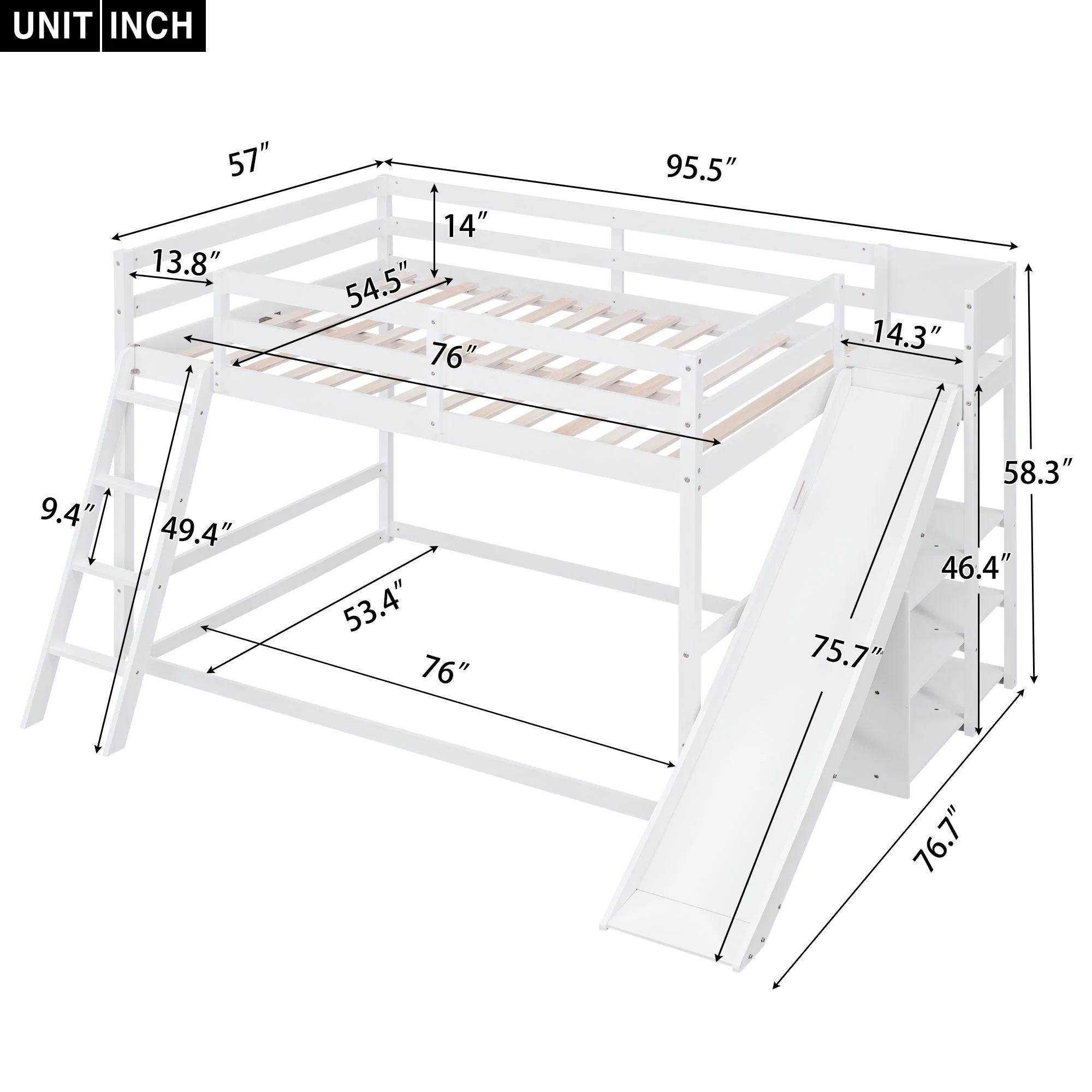 Bunk Bed With Ladder, Slide, And Shelves Pine Wood - Image 6
