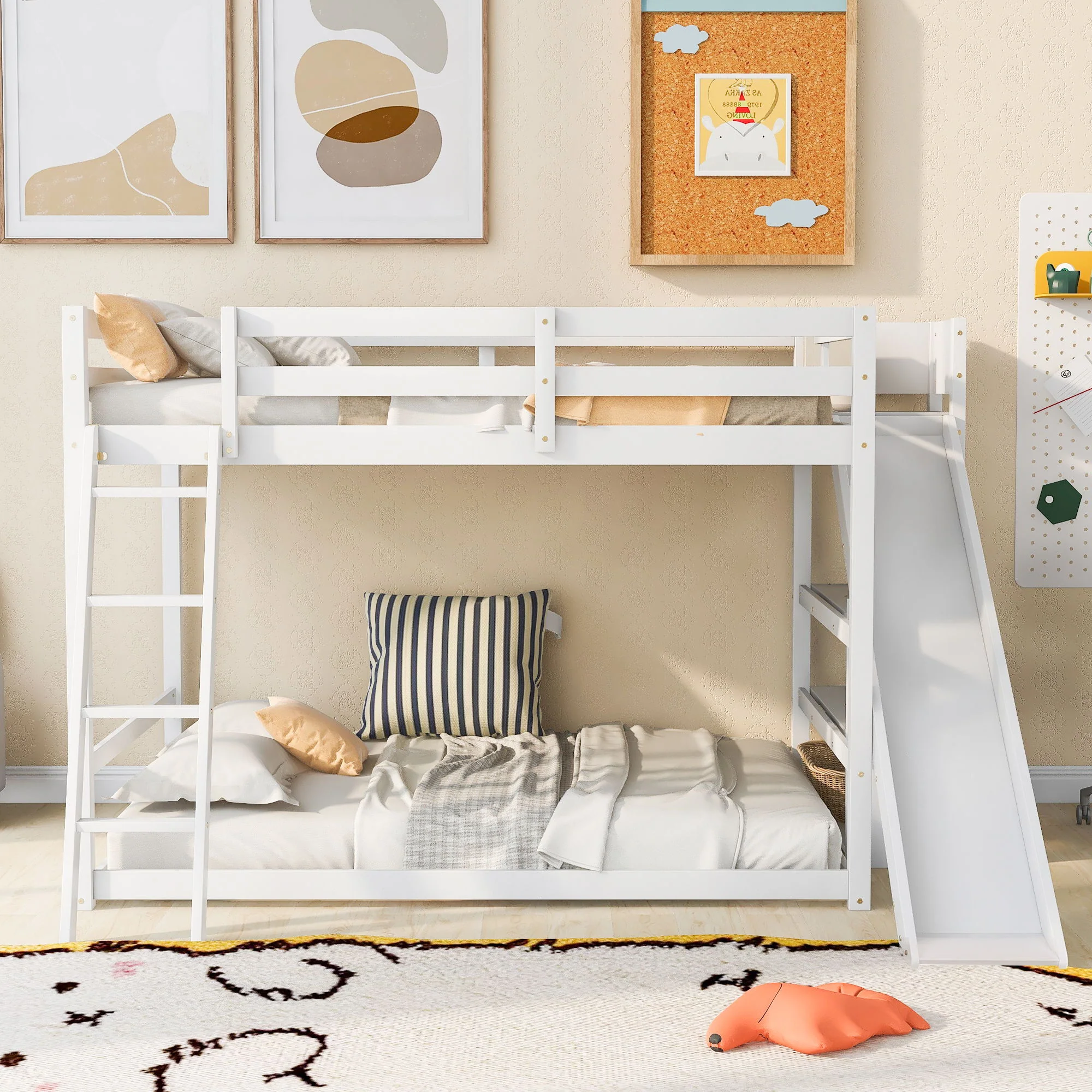 Bunk Bed With Ladder, Slide, And Shelves Pine Wood - Image 7