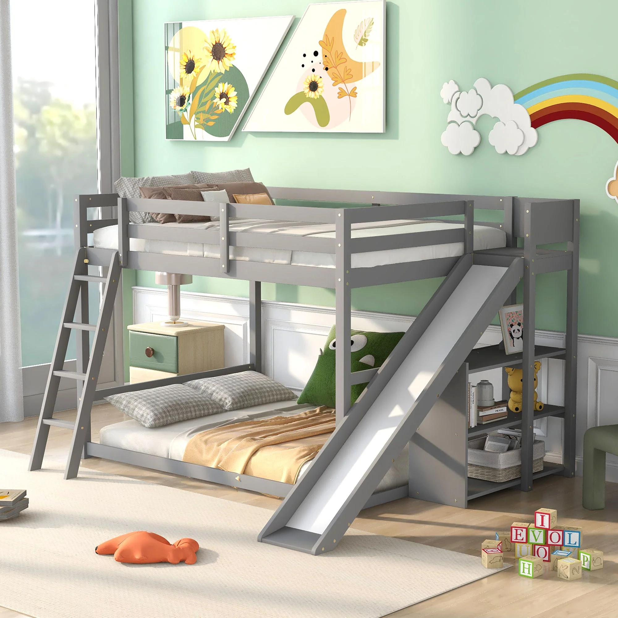 Bunk Bed With Ladder, Slide, And Shelves Pine Wood - Image 8