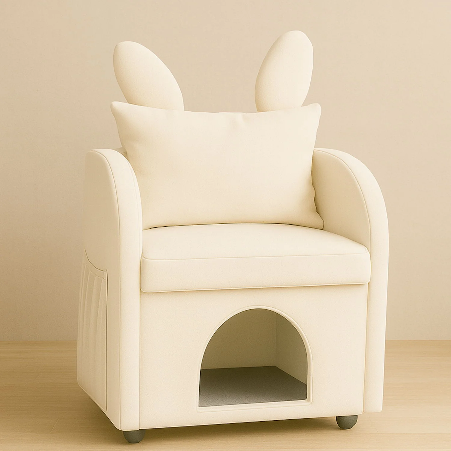 Bunny Ear Pet Friendly Armchair With Hidden Pet House With Storage Pocket For Bedroom & Living Room - Beige - Image 3