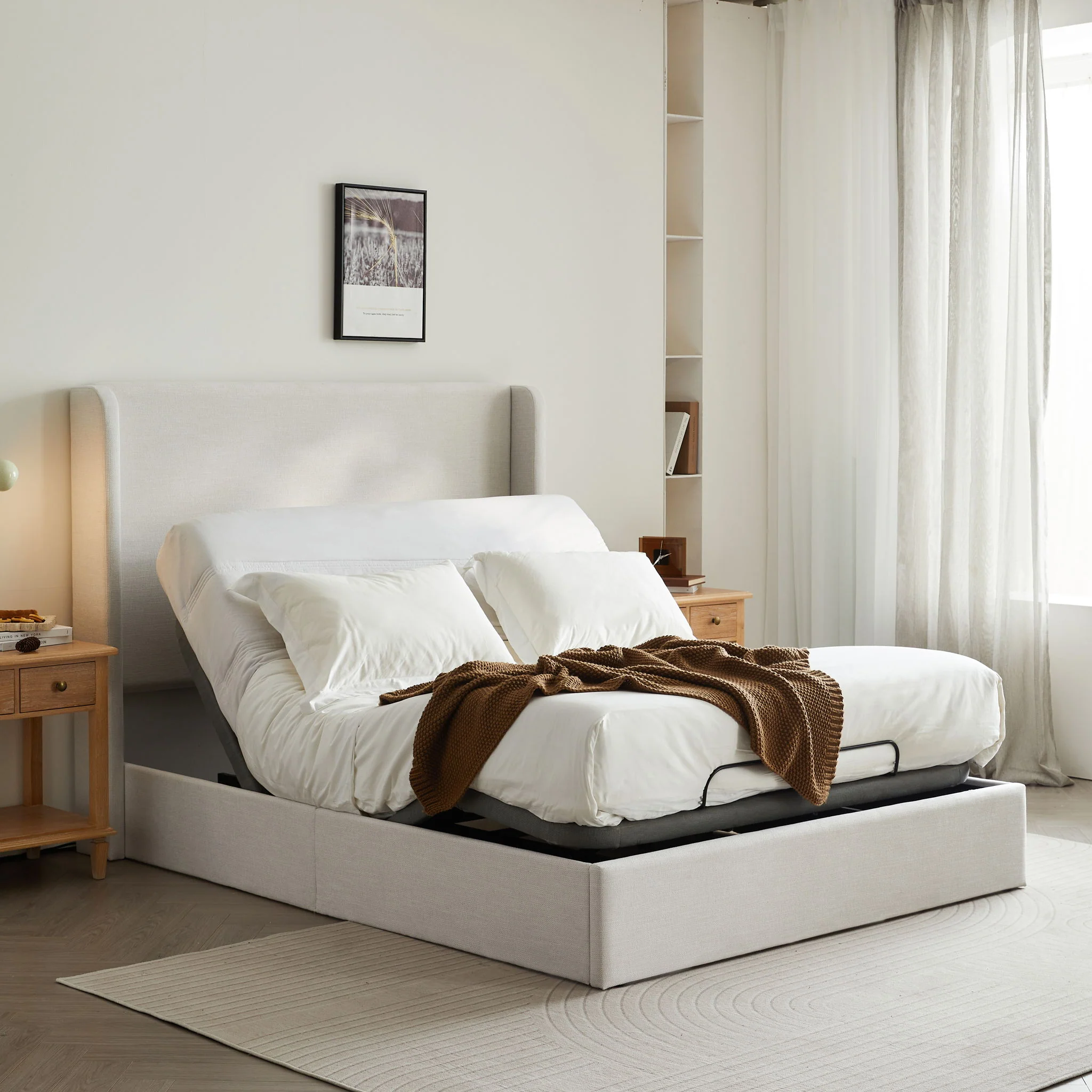 Caron - Queen Size Upholstered Wingback Bed With Adjustable Base Bundle Set - Ivory - Image 3