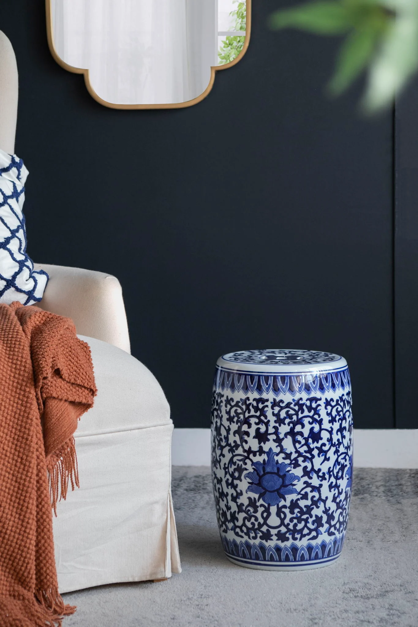 Ceramic Garden Stool, Small Side Tabel - White / Blue - Image 3