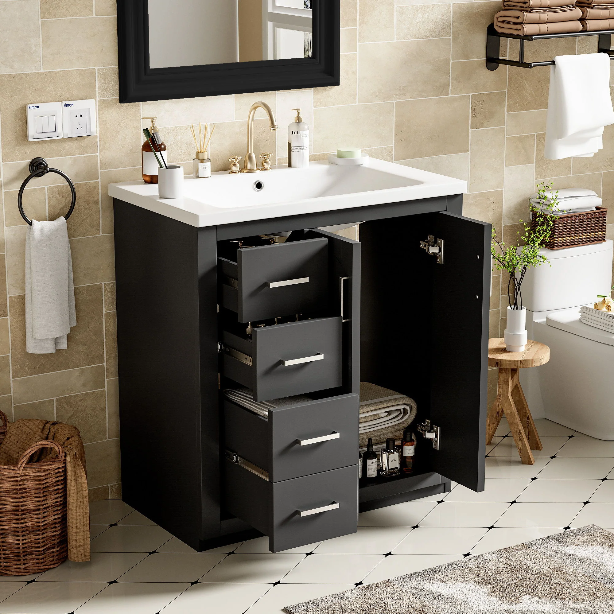 Ceramic Sink Combo, Freestanding Vanity Set With 3 Drawers & Soft Closing Doors - Image 16