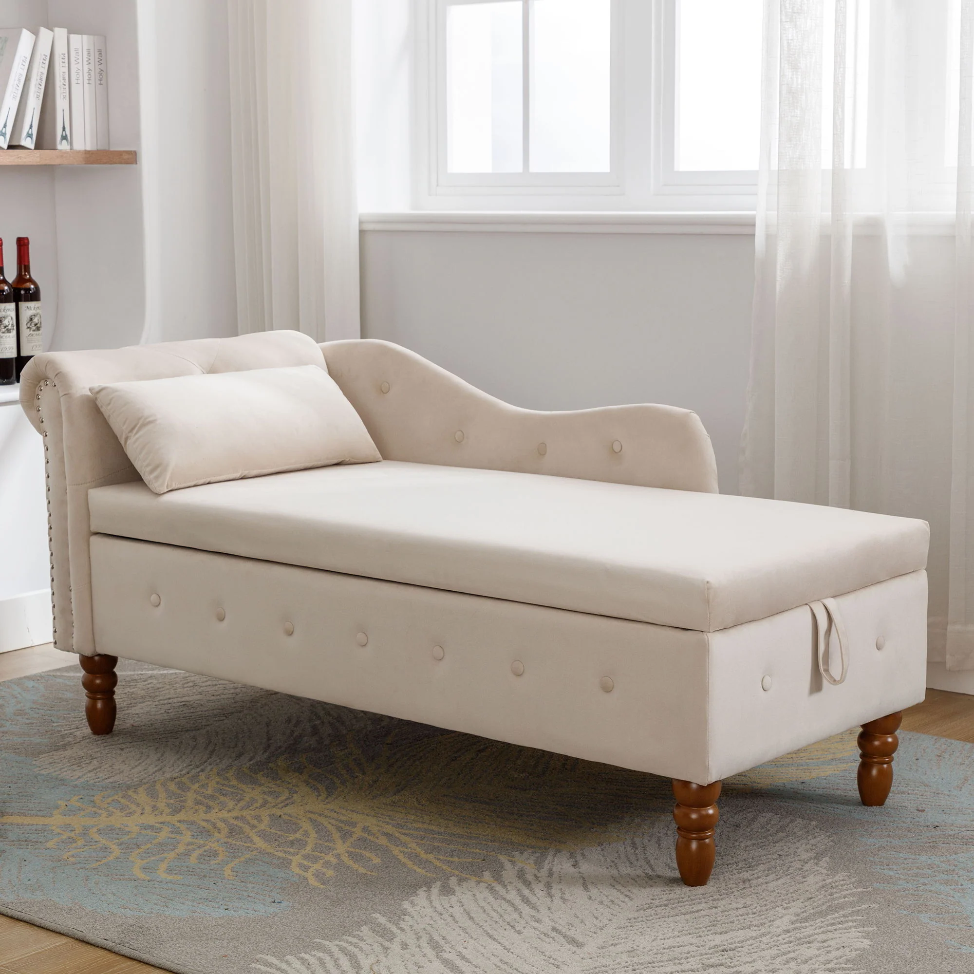 Chaise Lounge Indoor, Lounge Chair For Bedroom With Storage & Pillow, Modern Upholstered Rolled Arm Chase Lounge For Sleeping With Nailhead Trim For Living Room Bedroom Office - Image 10