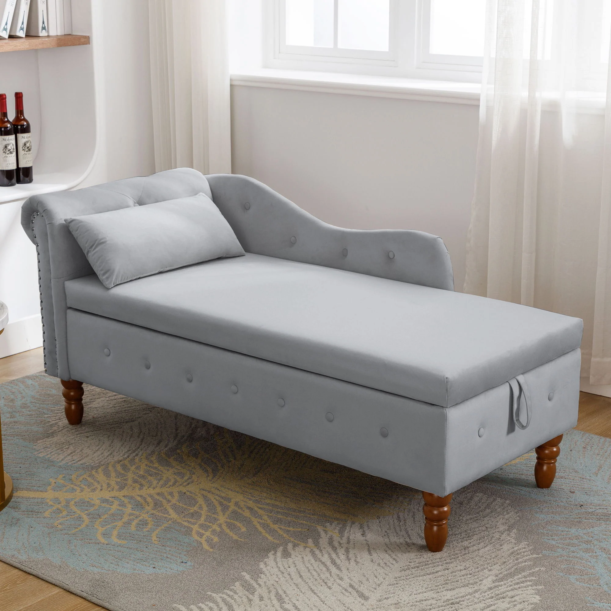 Chaise Lounge Indoor, Lounge Chair For Bedroom With Storage & Pillow, Modern Upholstered Rolled Arm Chase Lounge For Sleeping With Nailhead Trim For Living Room Bedroom Office - Image 14