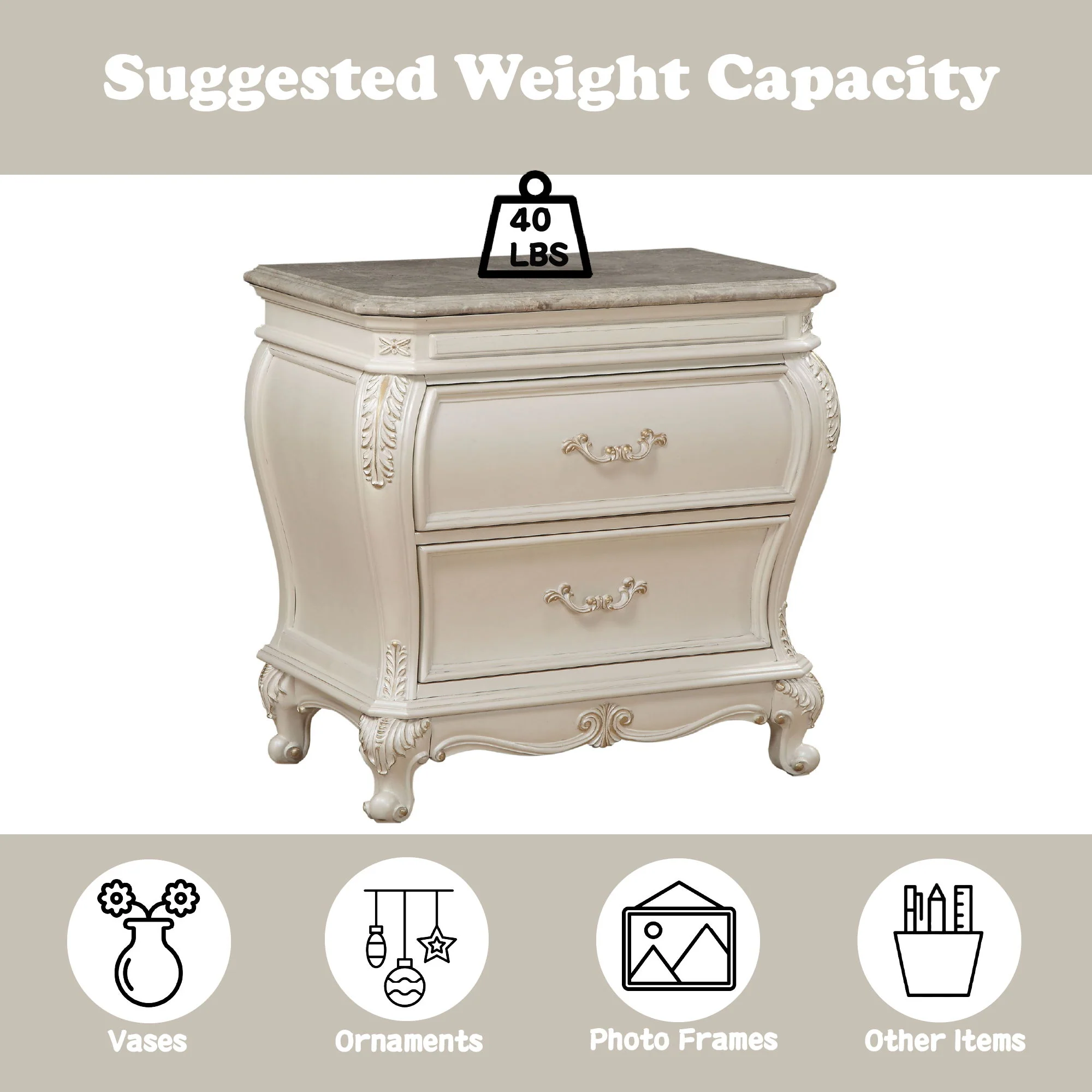 Chantelle - Nightstand With Granite Top - White - Image 4