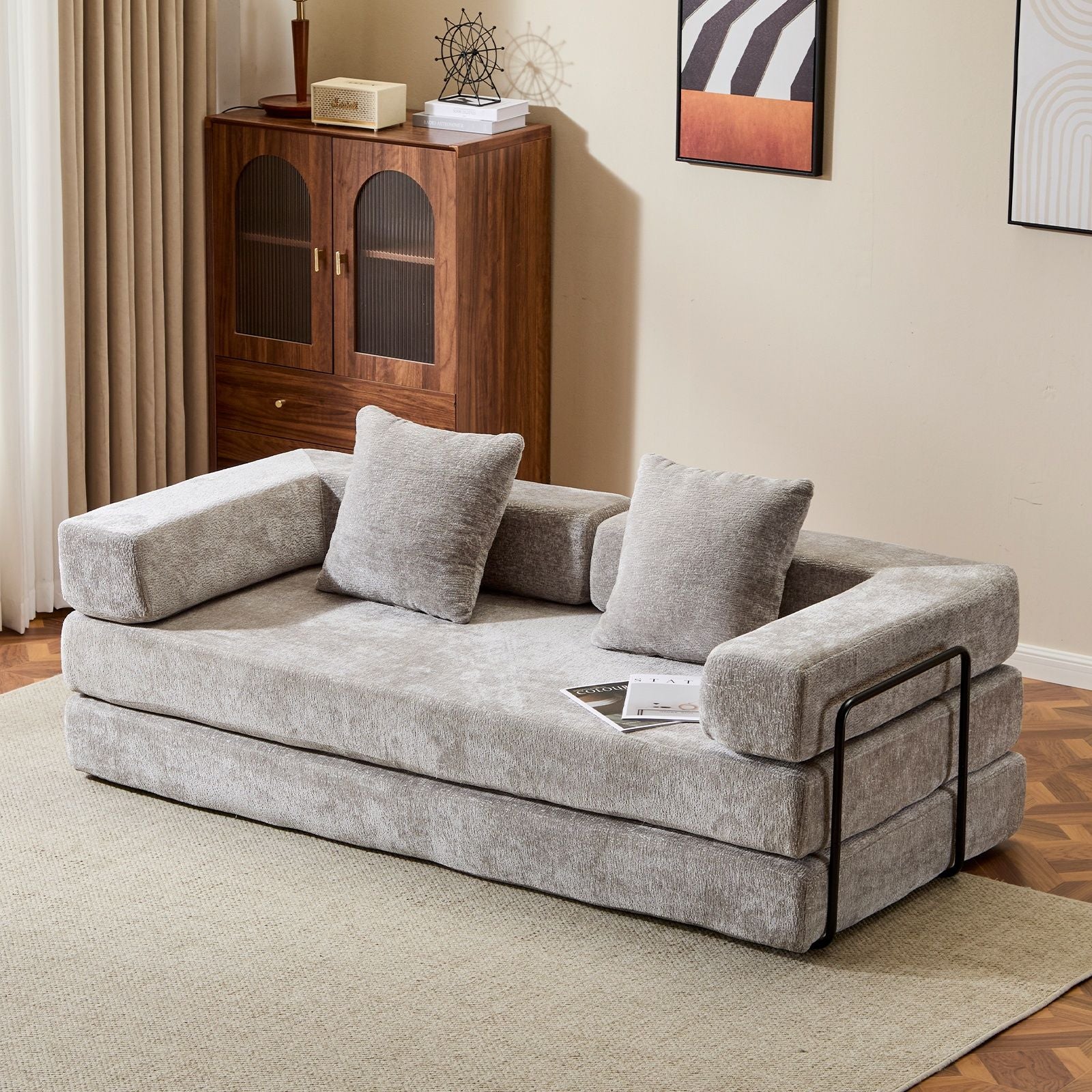 Convertible Floor Sofa Bed With Pillow Back Support Armrest - Image 21