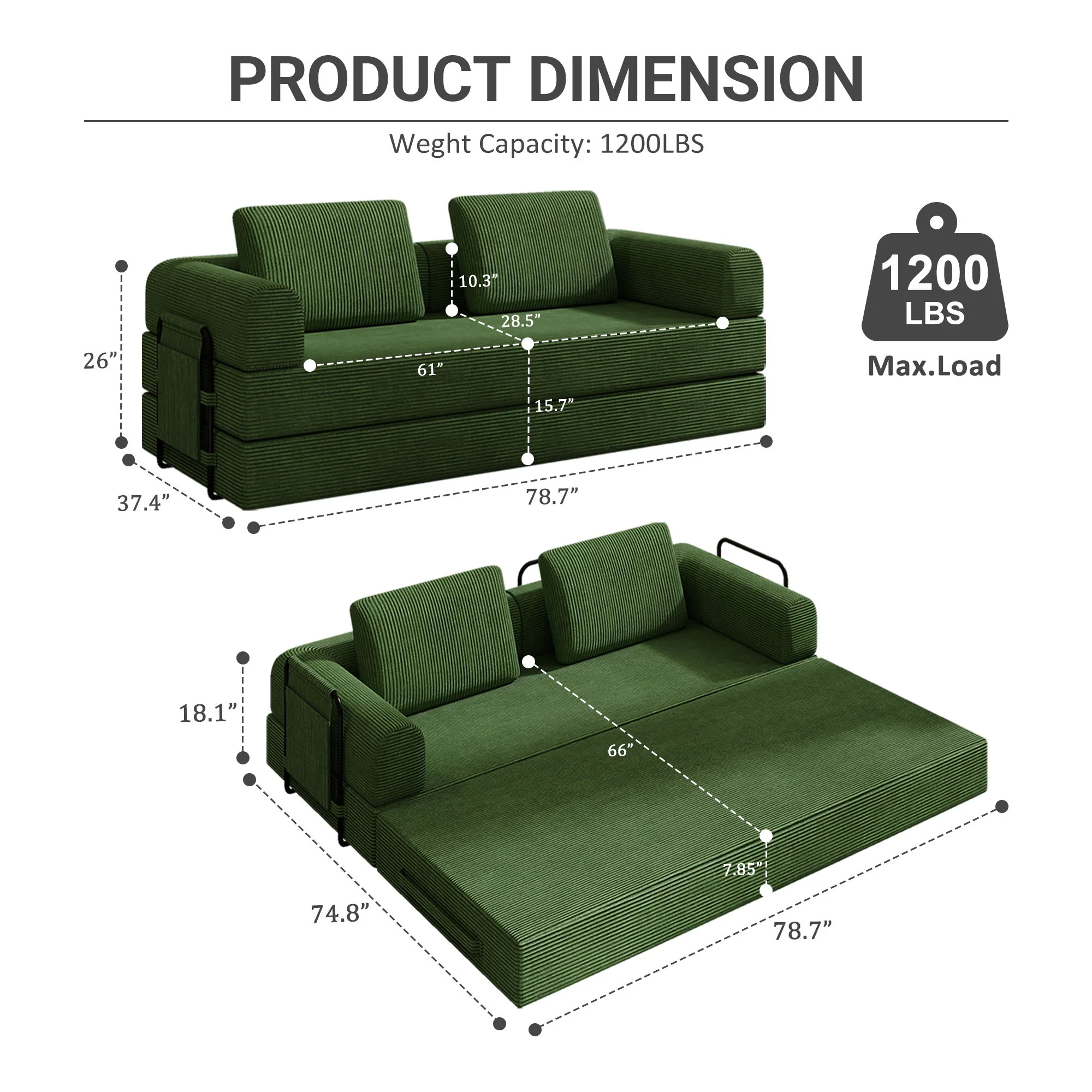 Convertible Sleeper Sofa Bed With Cylindrical Pillow, Fixed Shape Frame - Image 18