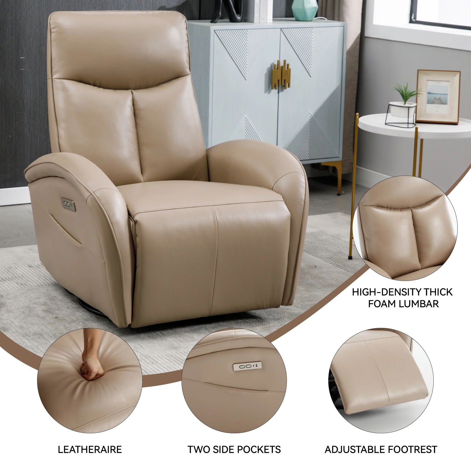 Brown Leatheraire Swivel and Rocker Power Recliner Chair with Lumbar Support, Max Swivel Degree 270°, Heavy Duty Motion Mechanism with USB and Type-C Ports - Image 13