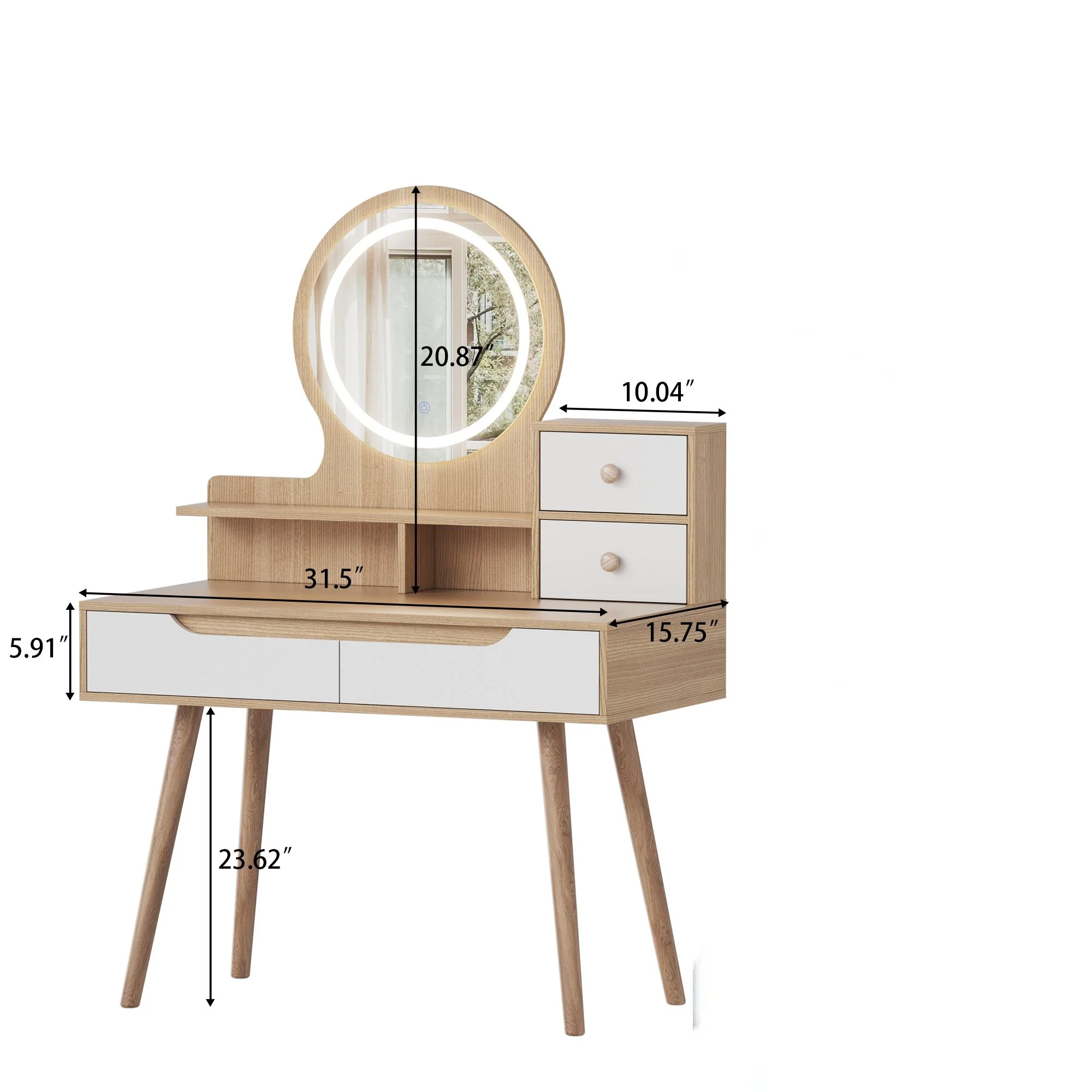 Elegant Makeup Vanity Desk With Adjustable Lighted Mirror Table Feet - American White Oak - Image 4